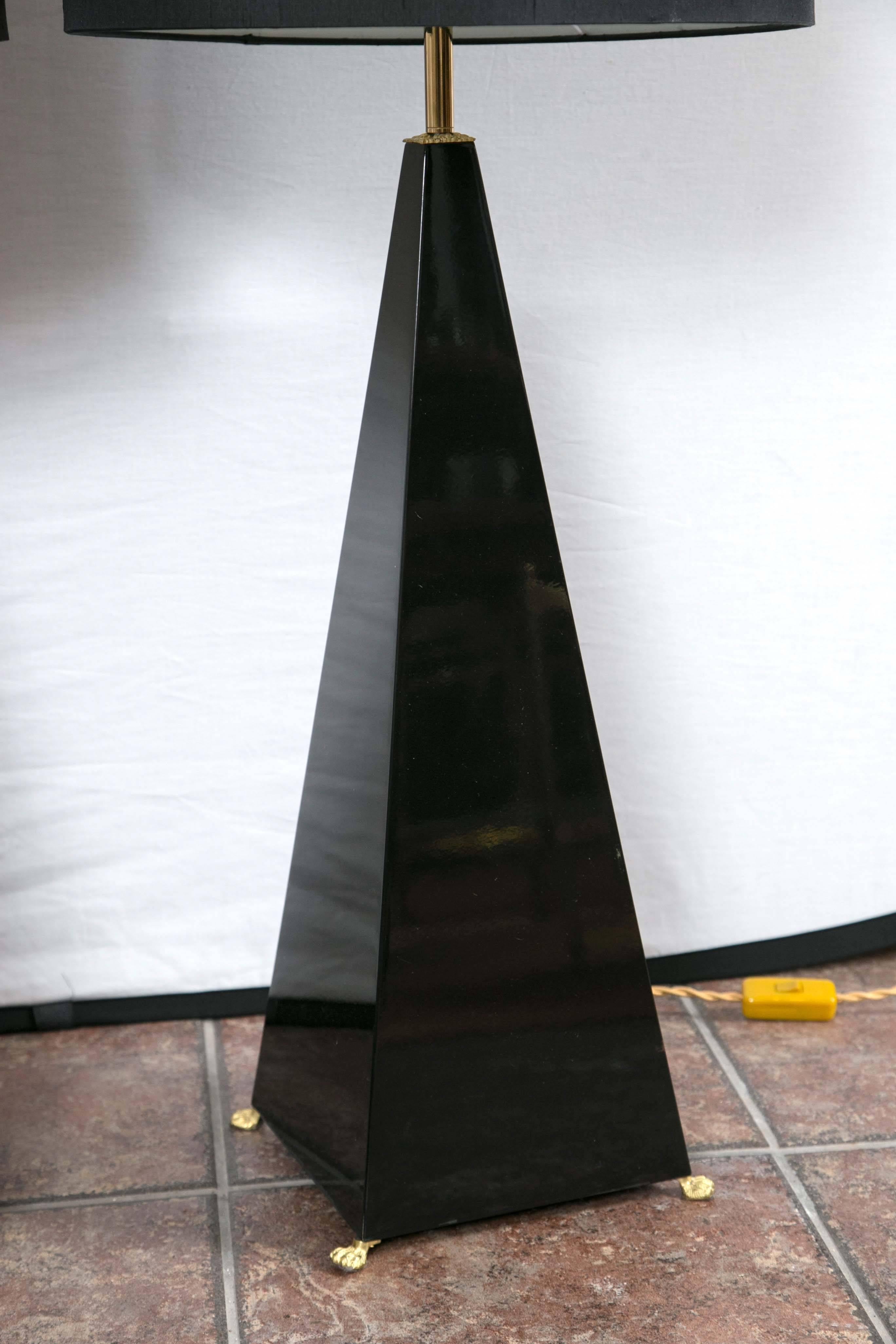 Pair of Jansen black lacquer pyramid lamps with black shades.