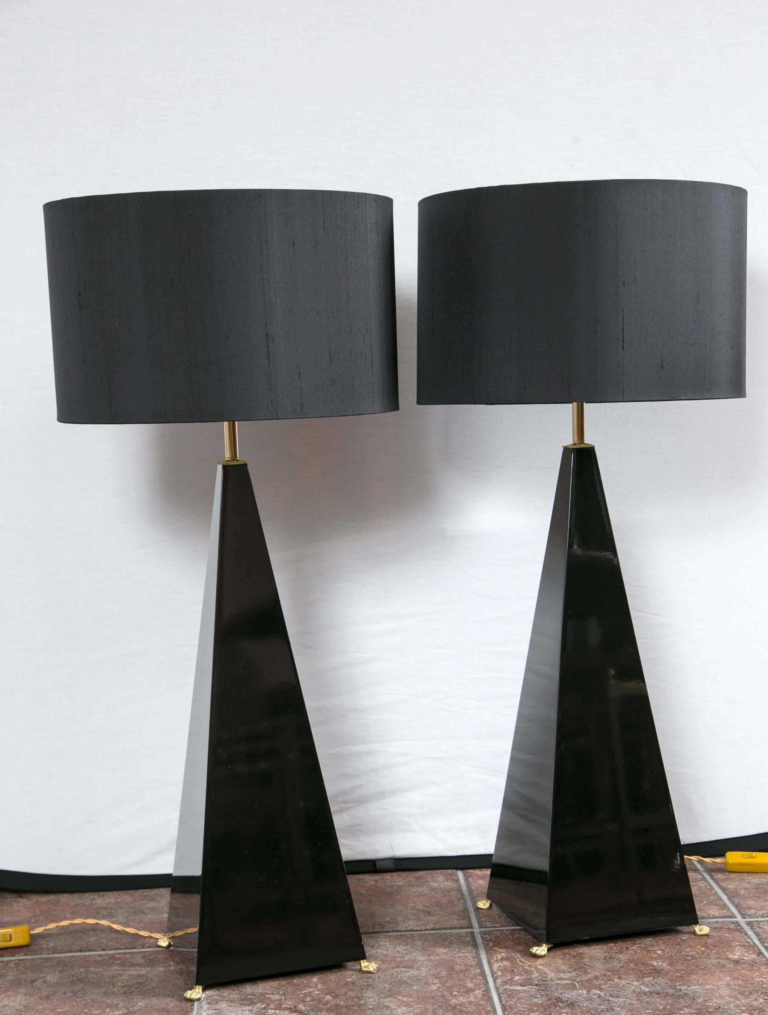 French Jansen Black Lacquer Pyramid Lamps