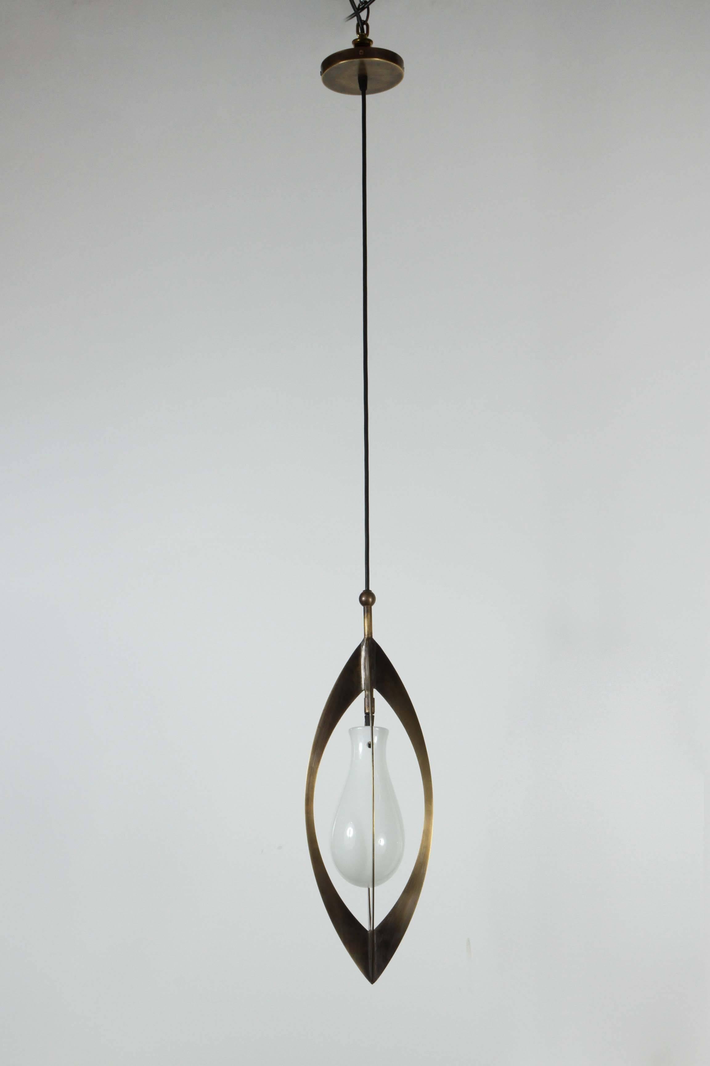 American Modern Brass Pendant with White Glass Shade
