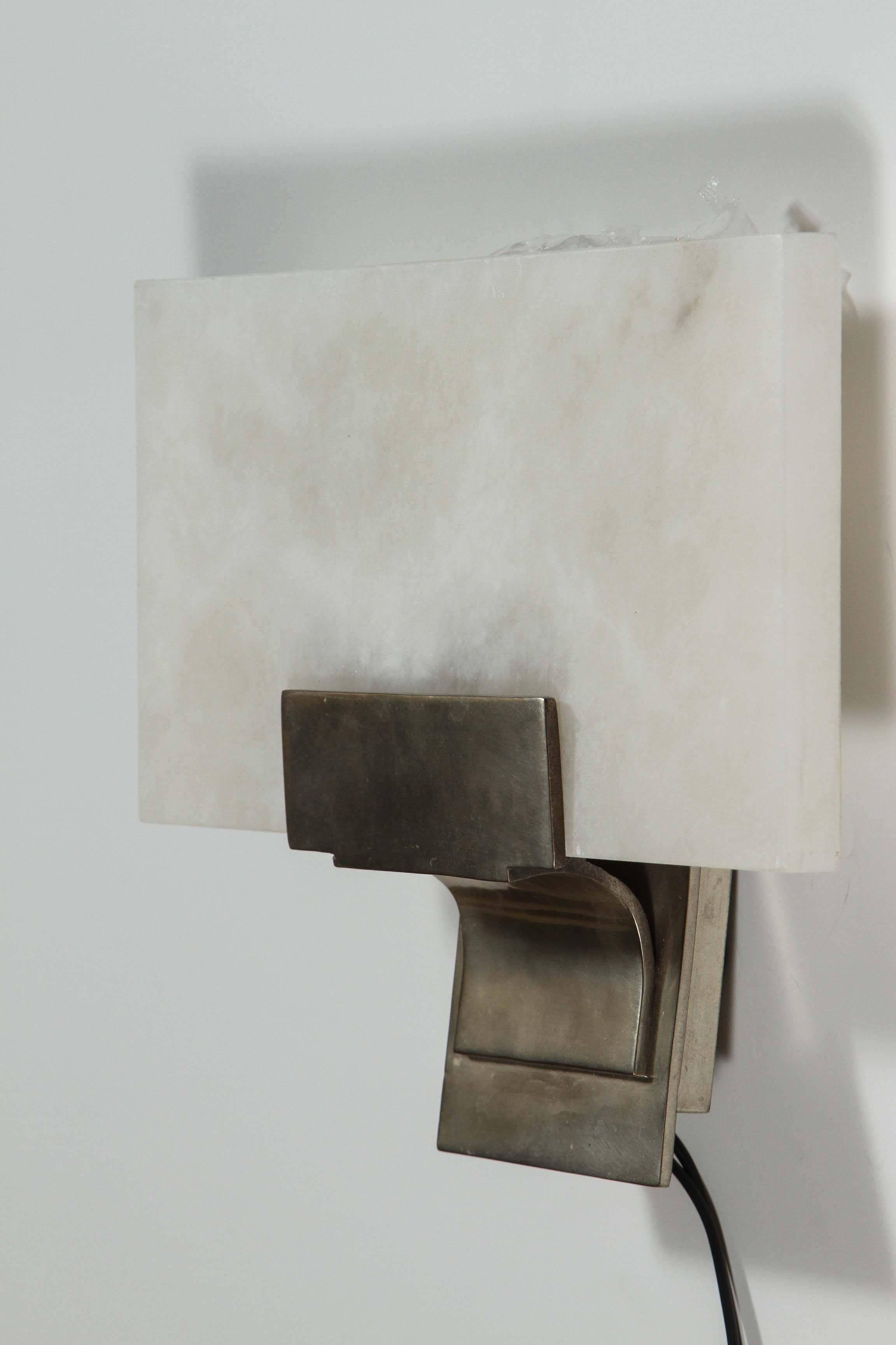 Contemporary Alabaster and Silvered Bronze Sconces