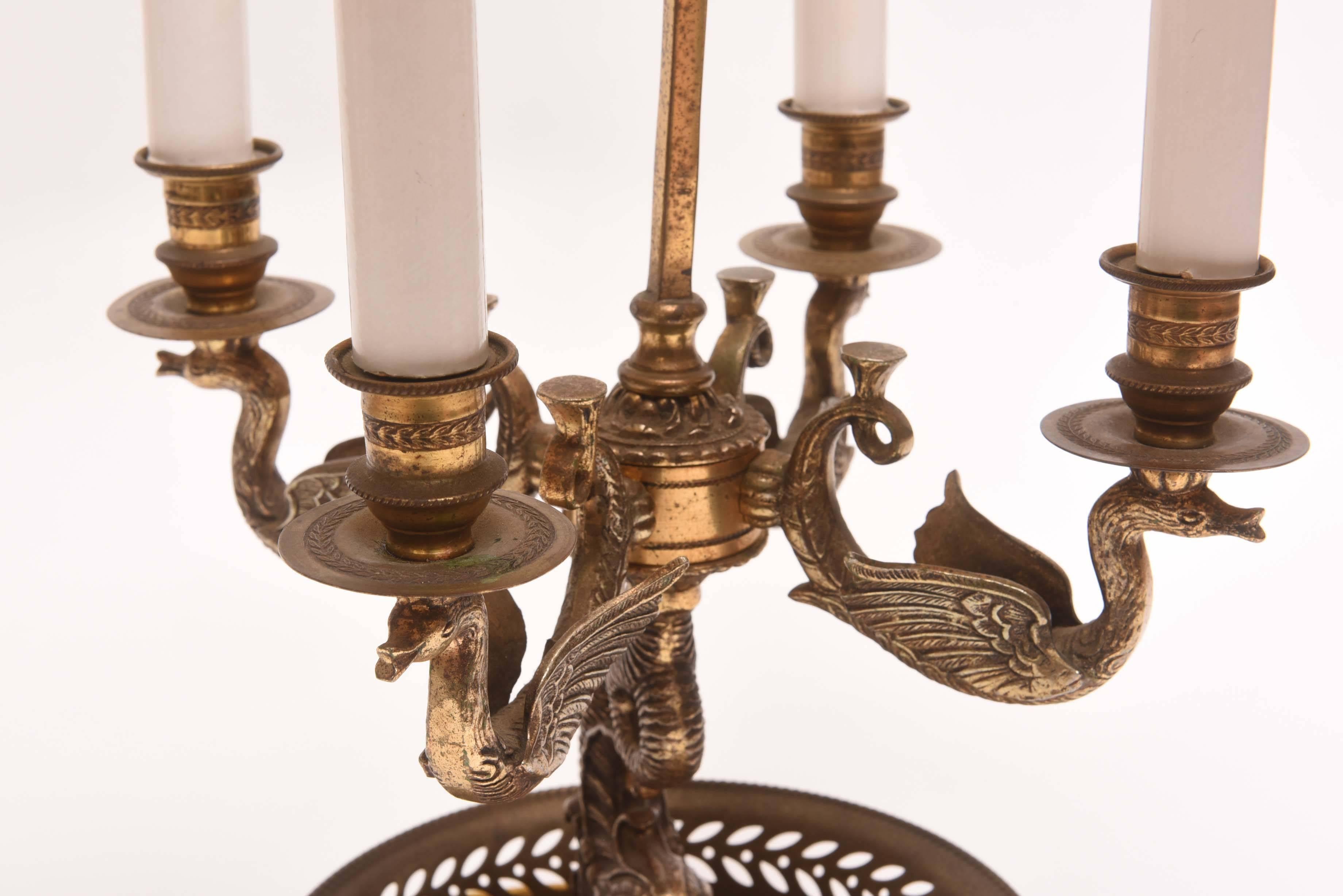 Pair of 19th Century Bronze Dolphin and Swan Bouillotte Lamps For Sale 4