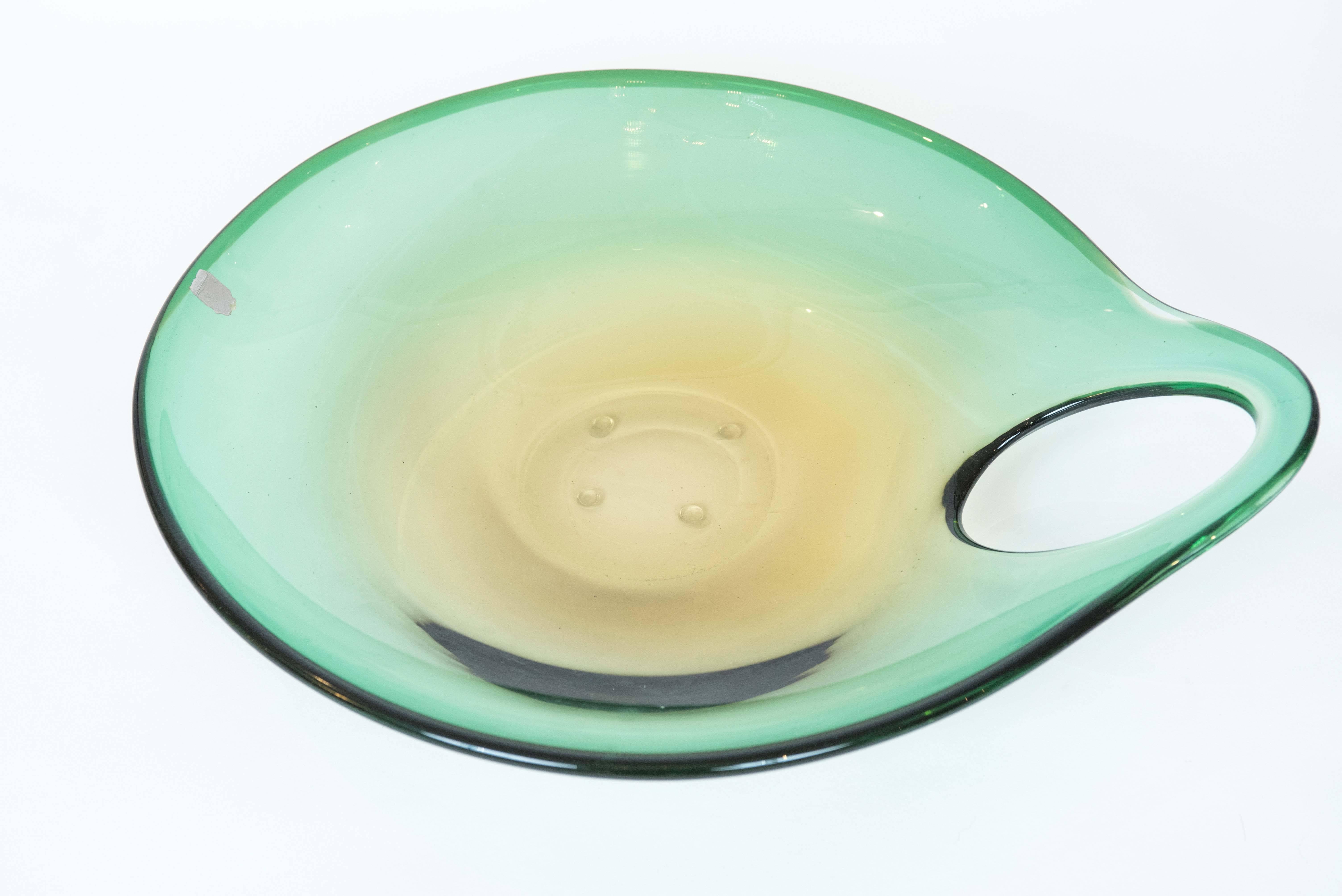 Hand-Crafted Large Seguso Murano Bowl in Green and Yellow