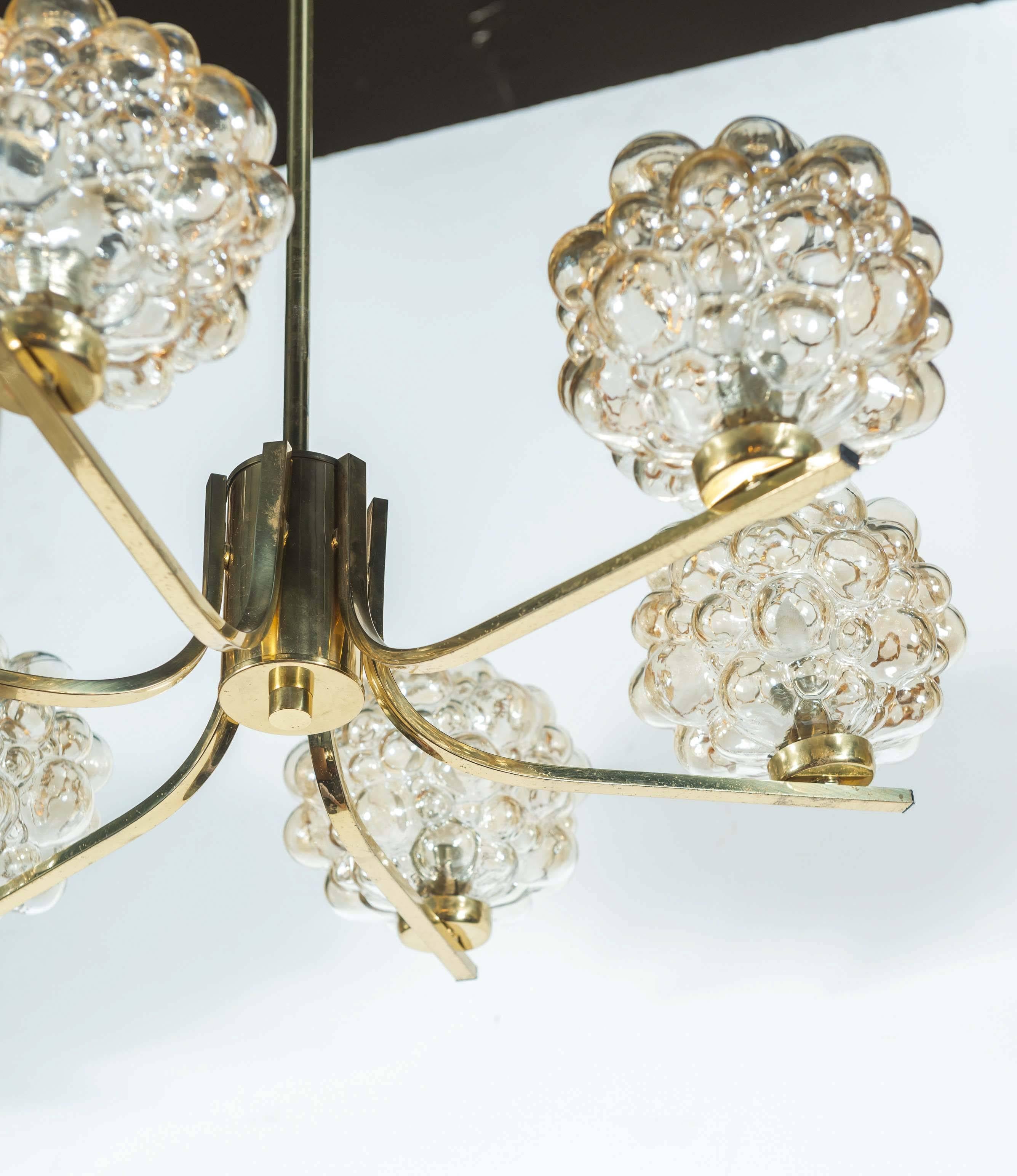 Brass Six-Light Amber Bubble Glass Chandelier by Limburg, Germany