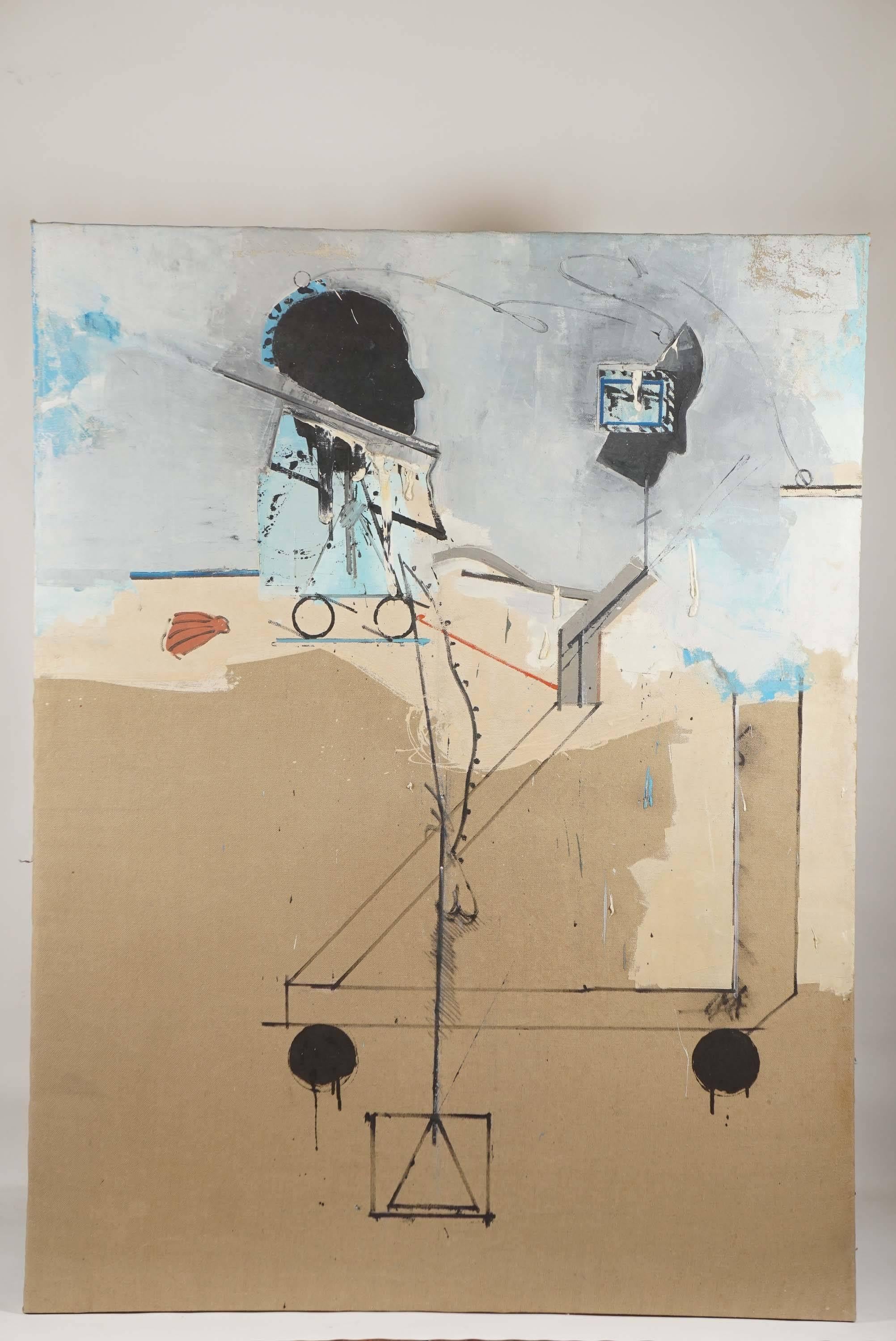 A large early postmodern figurative work by painter Miguel Condé, signed and dated 1970, Sitges.

Biography:  Miguel Condé, Mexican-American figurative painter, draftsman, and etcher. Born 1939 in Pittsburgh, Pennsylvania. Lives and works