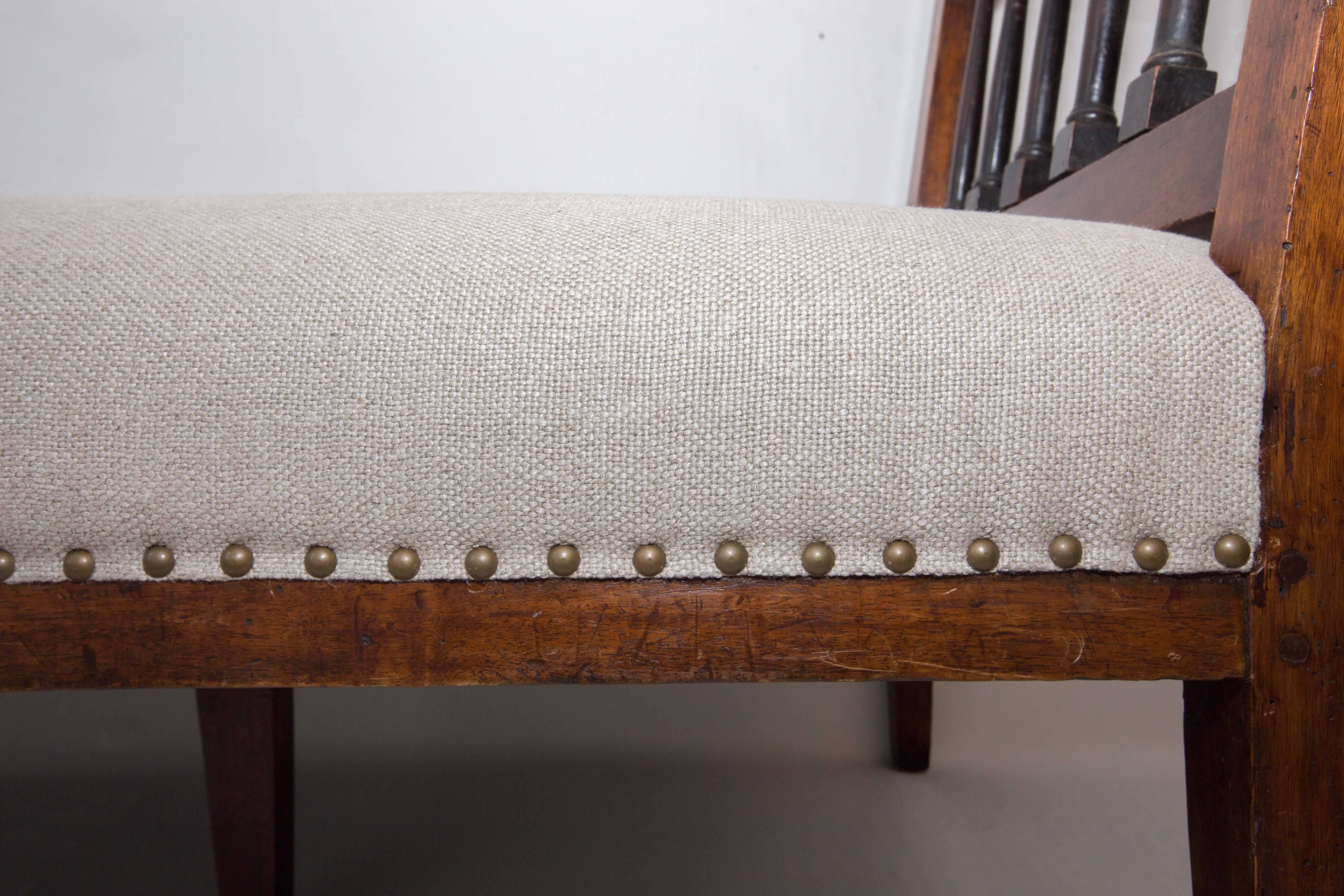 Walnut Bench with Linen Seat In Excellent Condition In New York City, NY