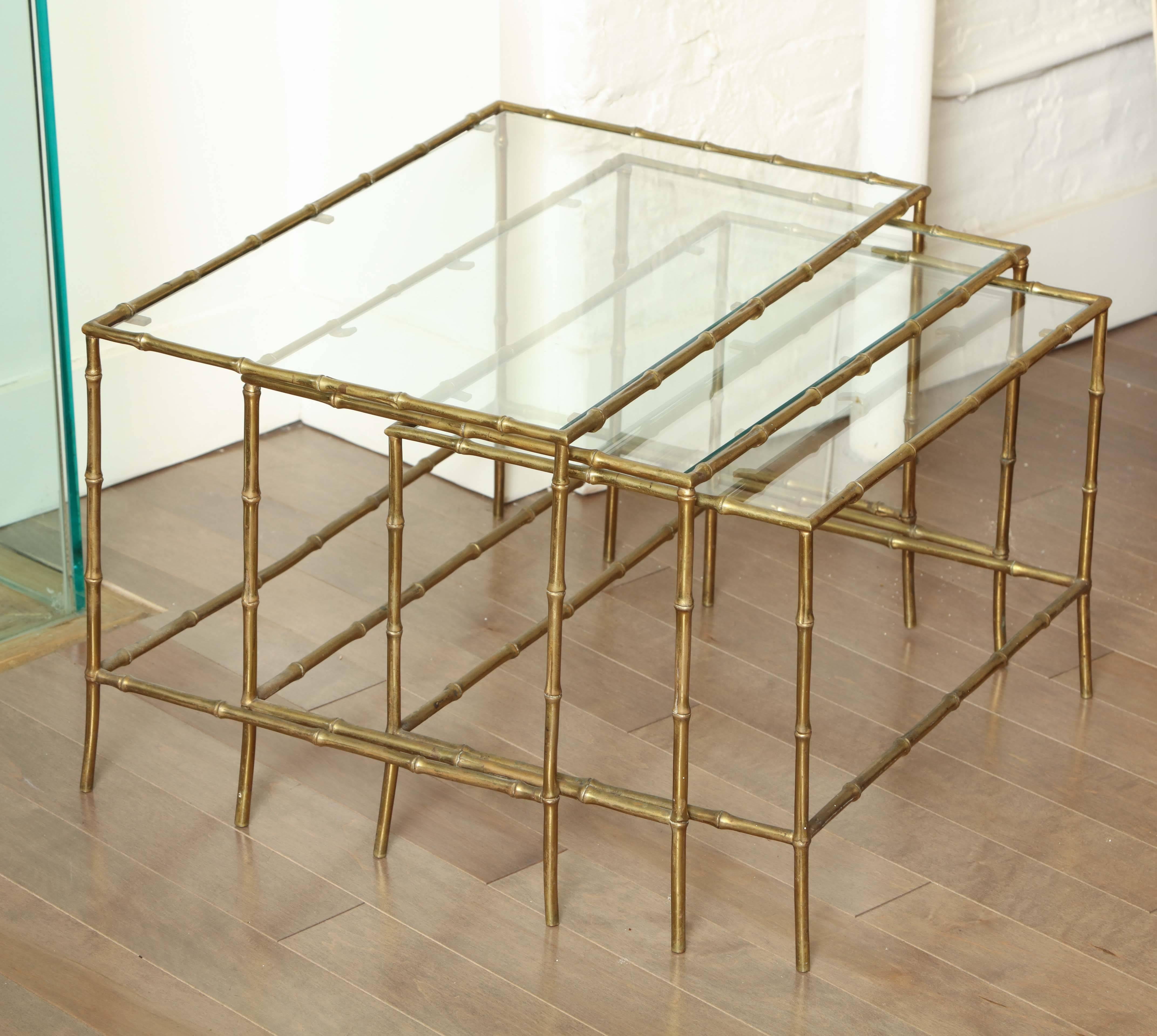 Set of Three Brass Bamboo Nesting Tables, circa 1950 In Good Condition For Sale In New York, NY