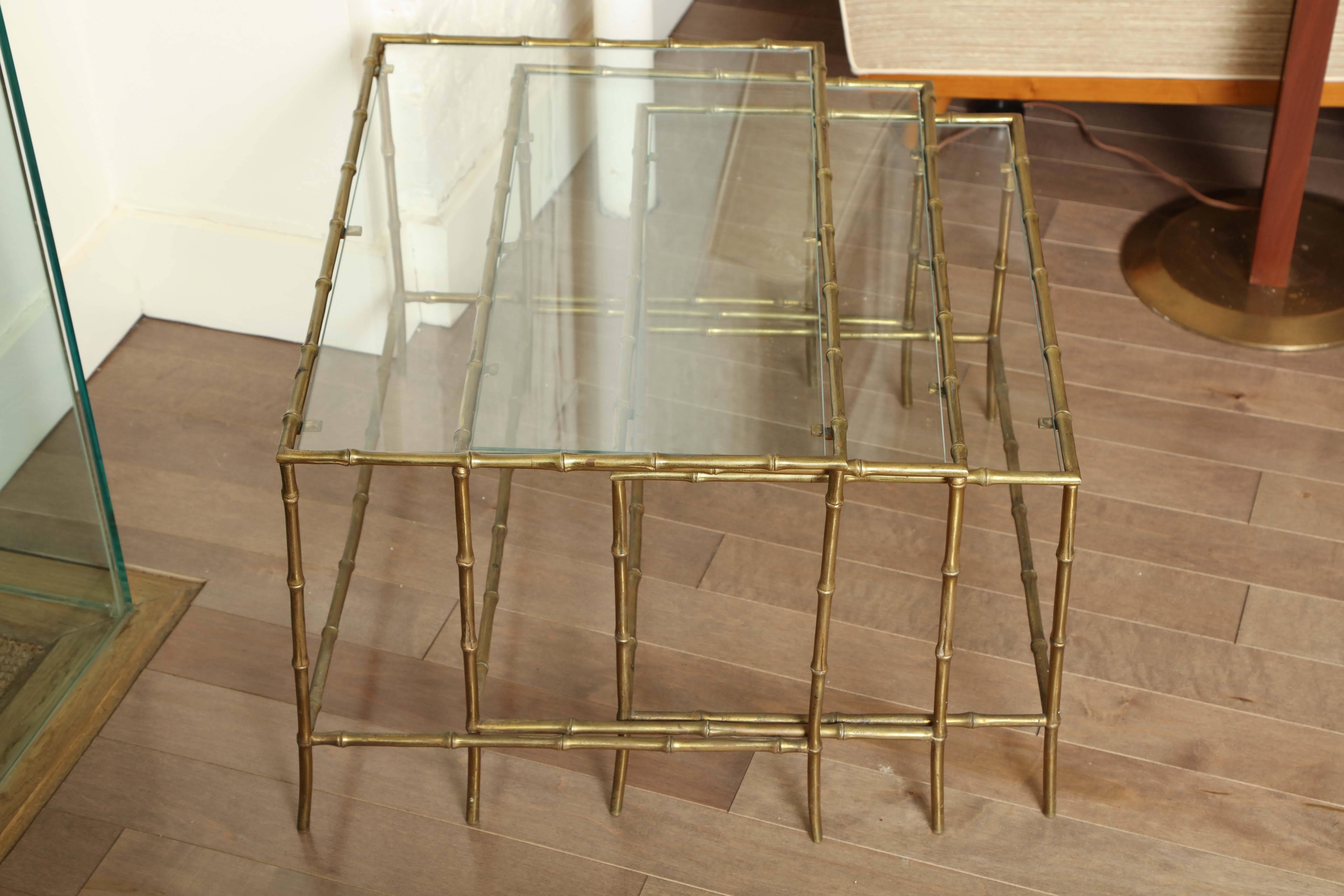 Mid-20th Century Set of Three Brass Bamboo Nesting Tables, circa 1950 For Sale