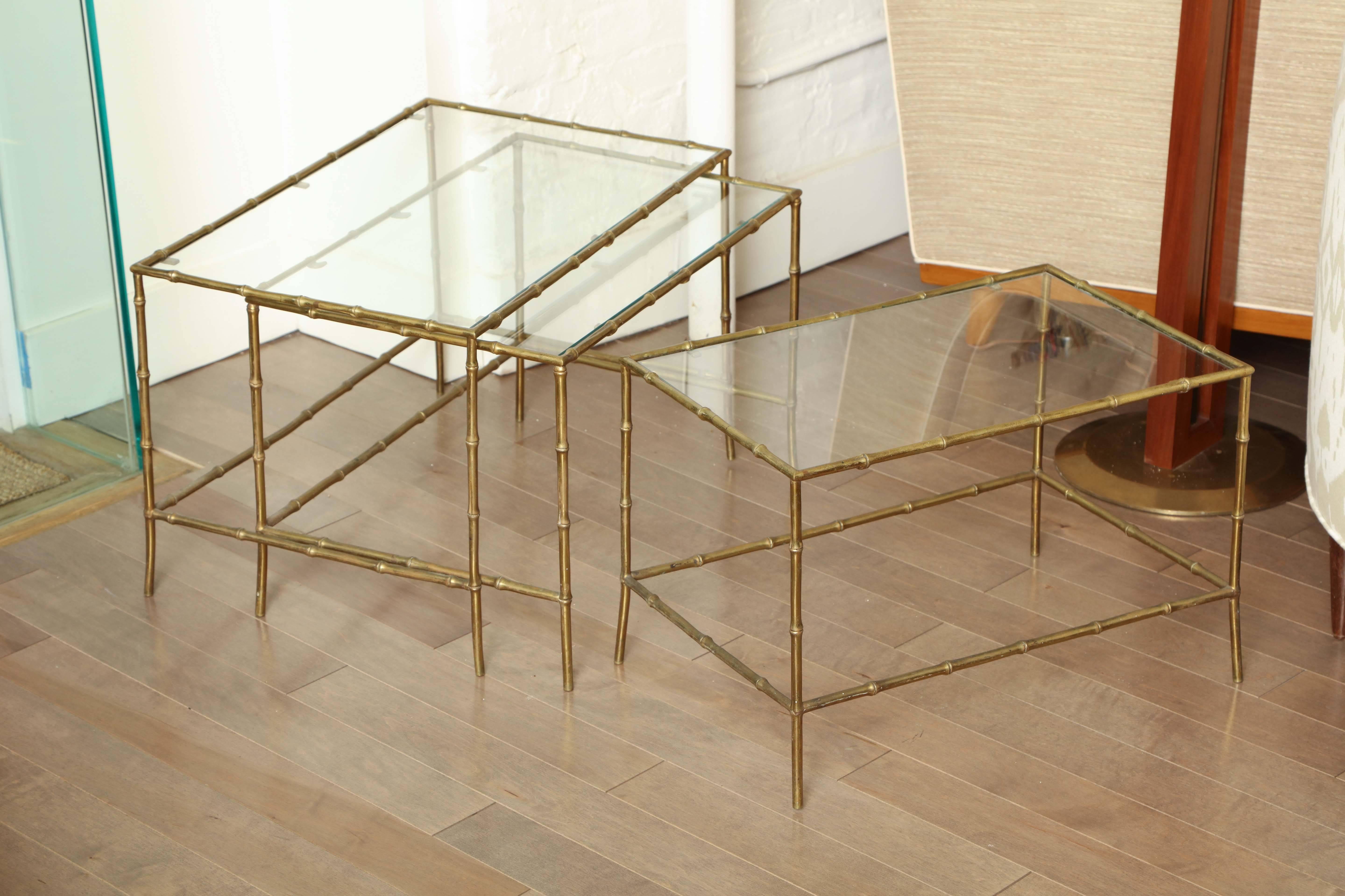 Set of Three Brass Bamboo Nesting Tables, circa 1950 For Sale 1