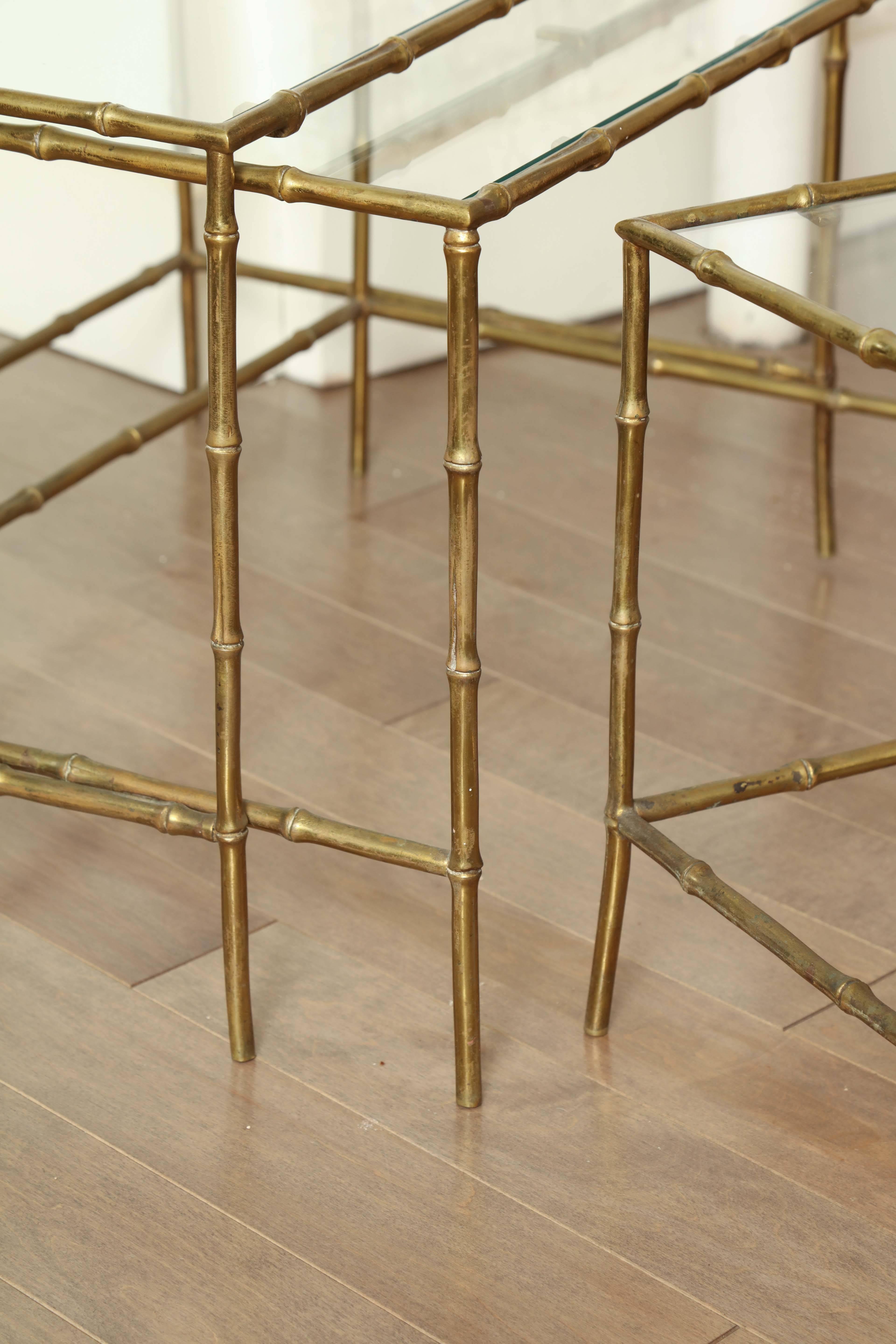 Set of Three Brass Bamboo Nesting Tables, circa 1950 For Sale 2