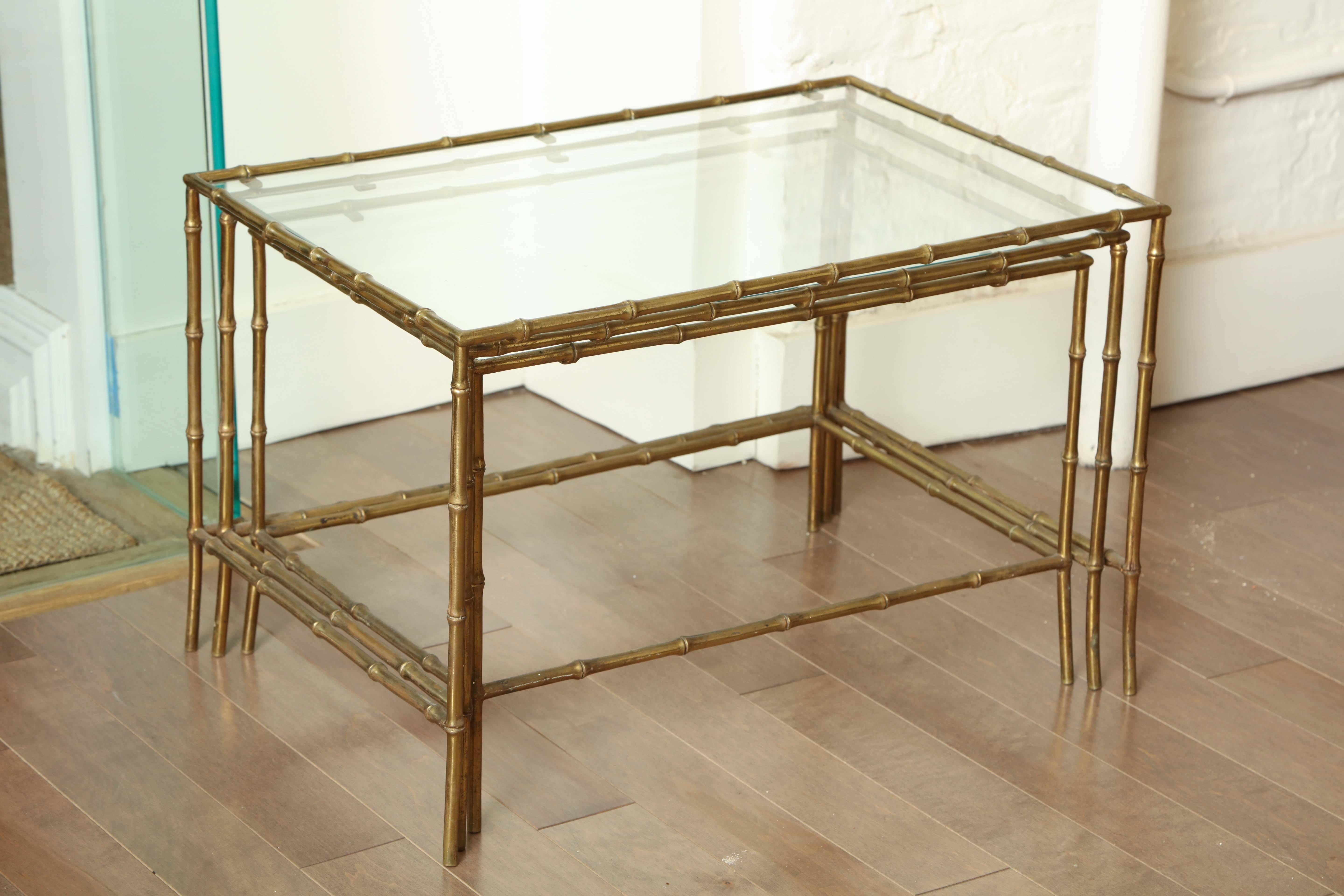 Set of Three Brass Bamboo Nesting Tables, circa 1950 For Sale 4