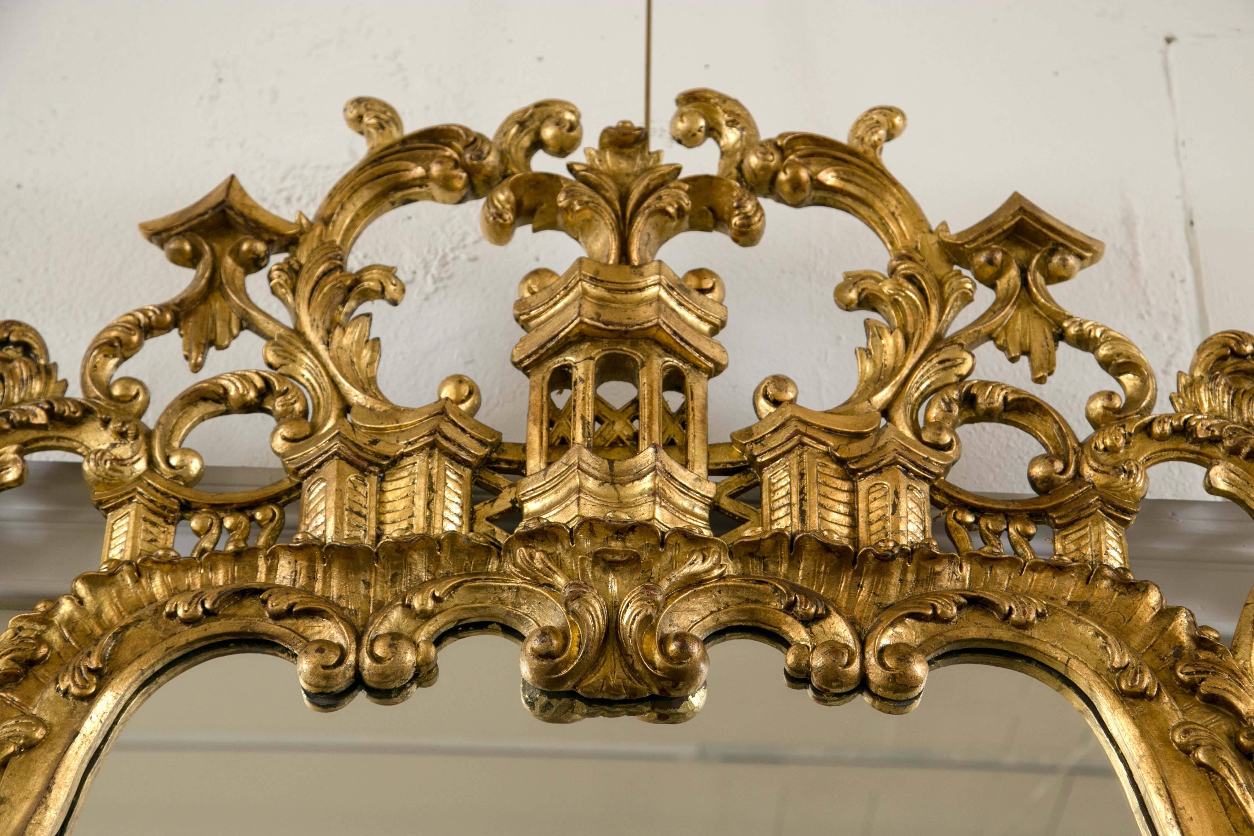 Pair of Monumental Gilt Gold Carved Chippendale Style Wall or Console Mirrors 1
