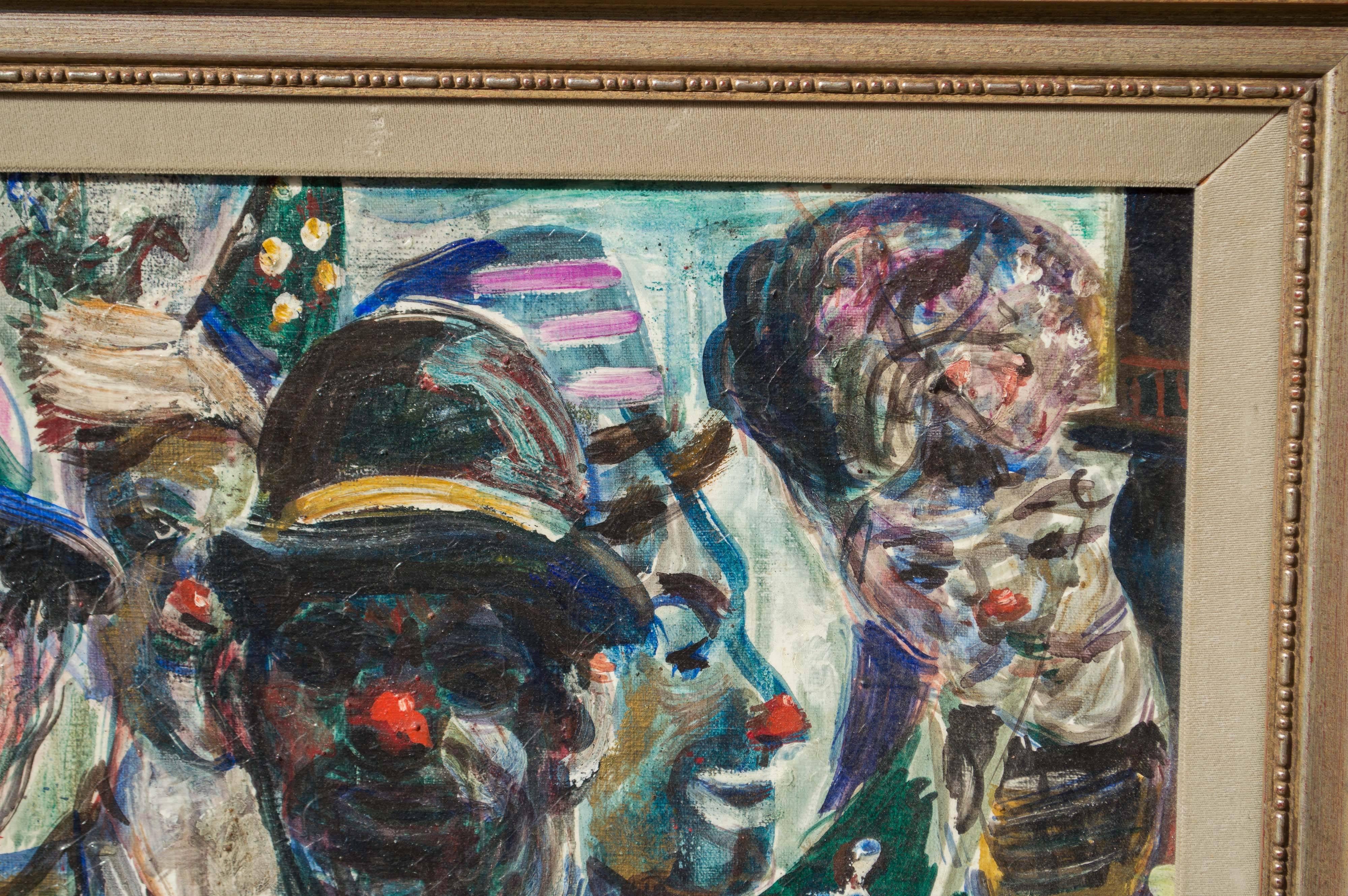 Une étude de clowns de cirque, huile sur toile, par l'artiste de San Francisco Pat Cucaro (1904 - 2004). Acheté à la galerie Corey à North Beach. Signé indistinctement sur le bord inférieur droit. L'encadrement porte l'étiquette de la galerie Corey