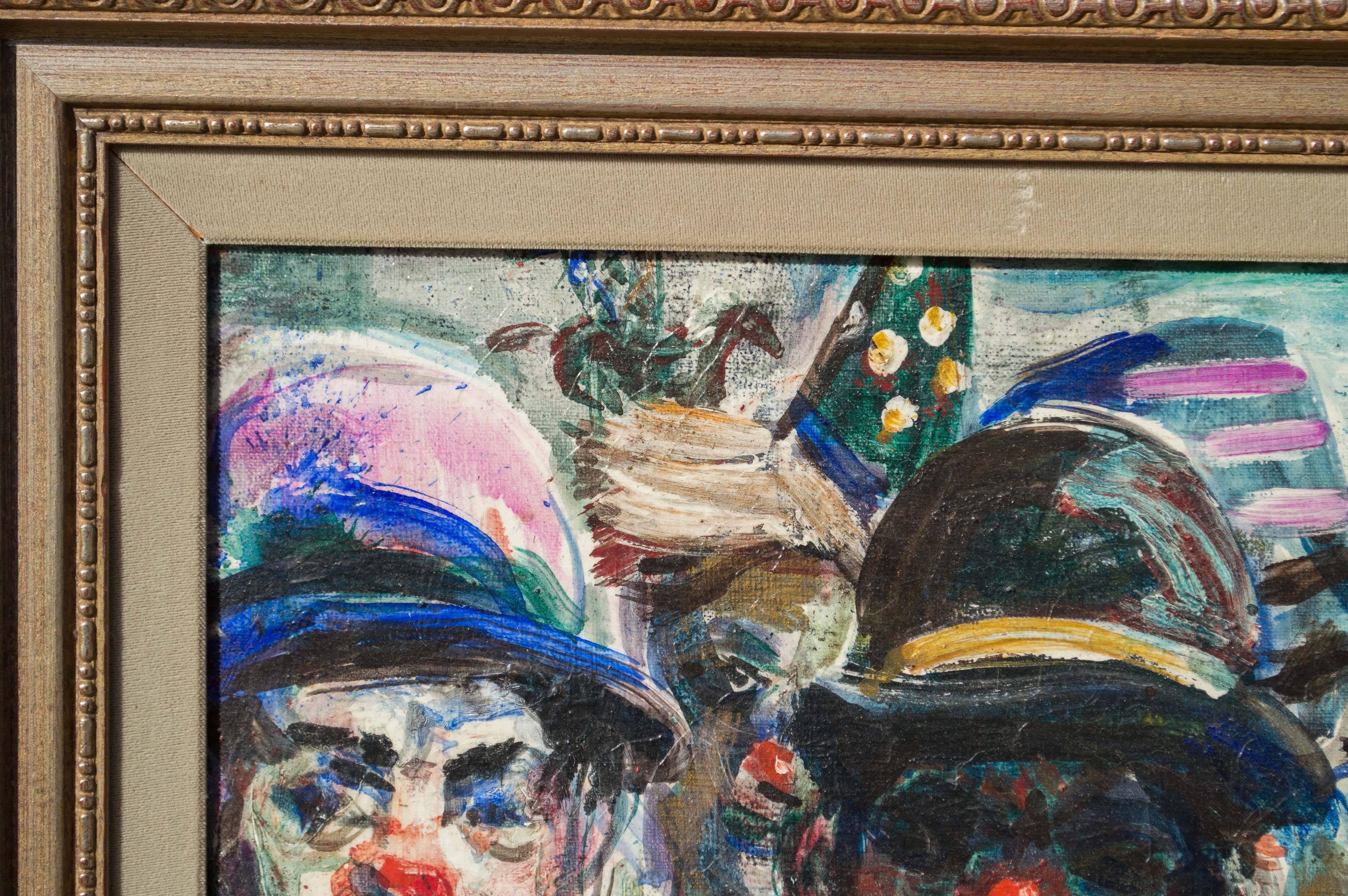 Hand-Painted Study of Circus Clowns, Oil on Canvas, by Pat Cucaro, circa 1973
