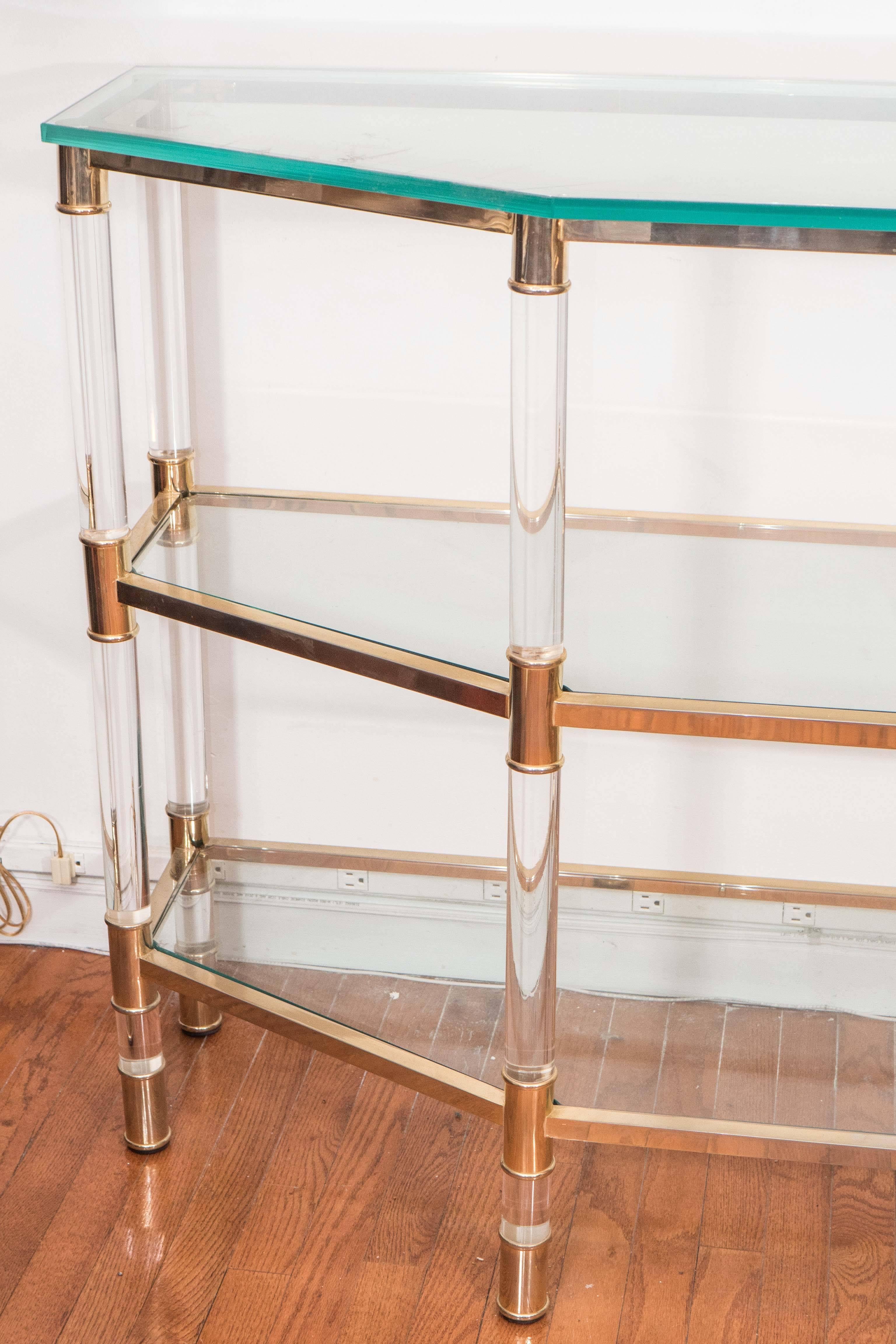 Mid-Century Modern Three-Tier Lucite and Brass Console