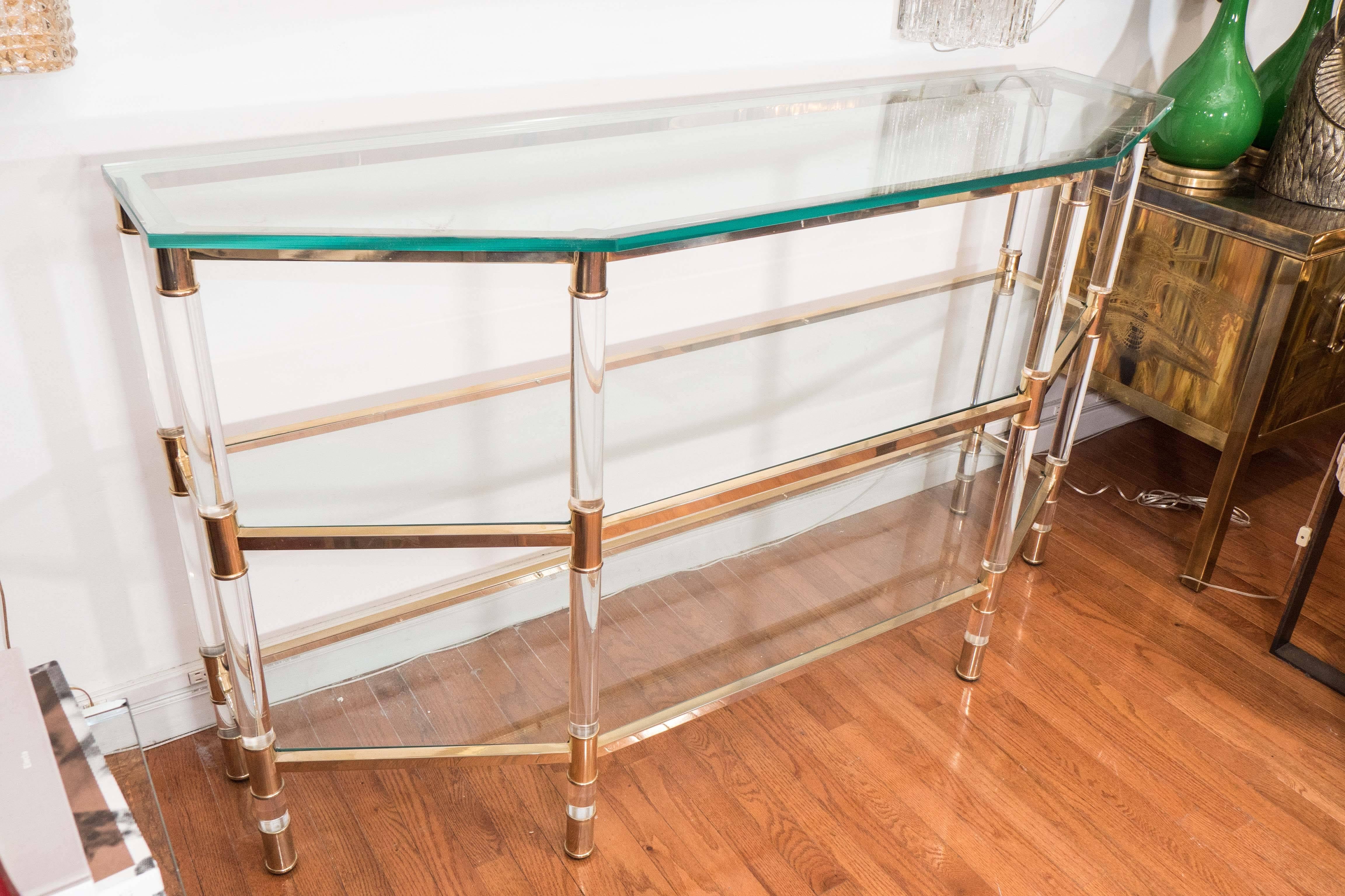 Three-Tier Lucite and Brass Console In Good Condition In New York, NY