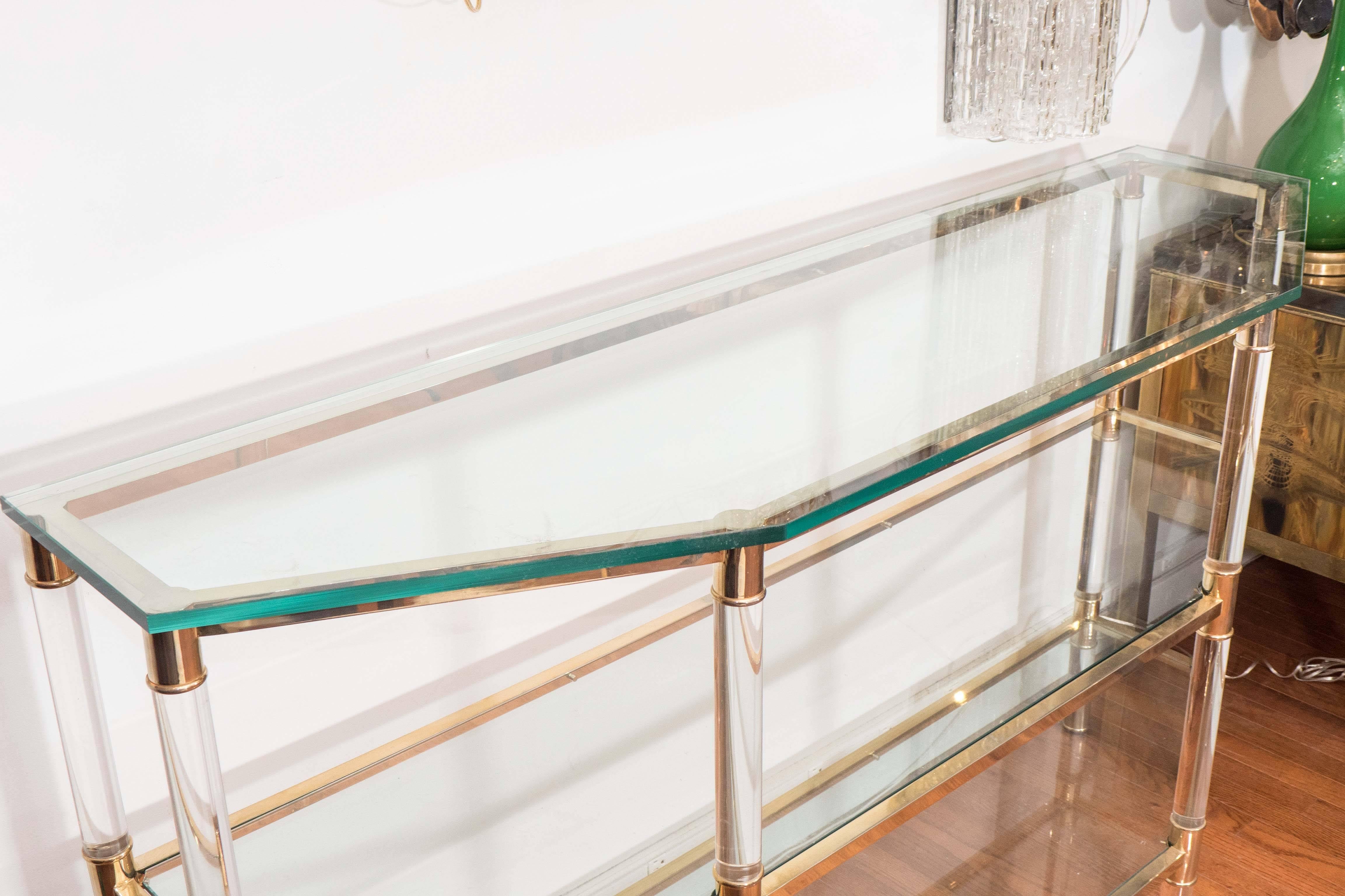 Mid-20th Century Three-Tier Lucite and Brass Console
