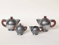 Rene Delavan French Art Deco Pewter and Wood Coffee & Tea Service