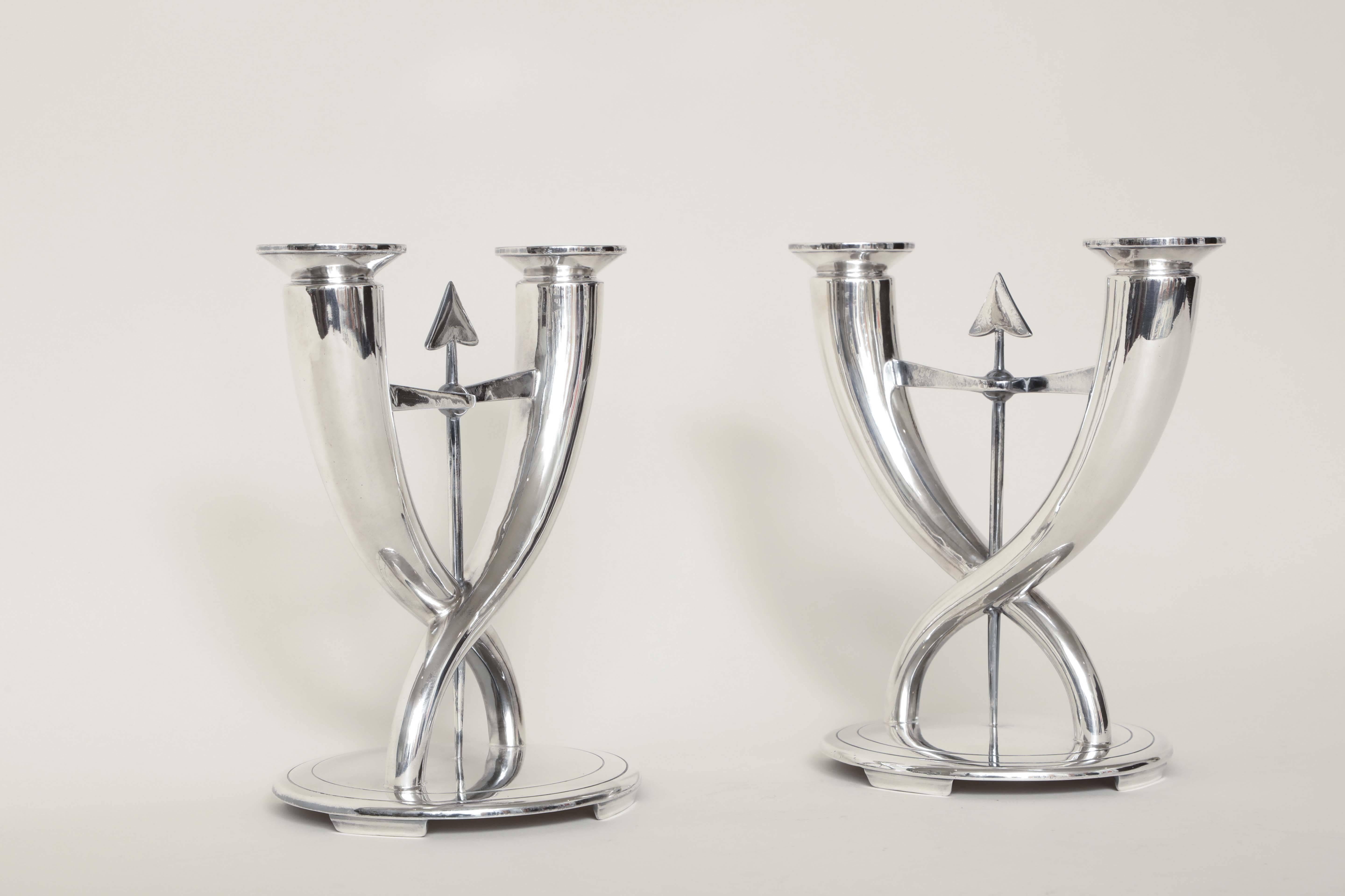 20th Century Gio Ponti for Christofle Pair of Italian Art Deco Silver Plated Candelabra