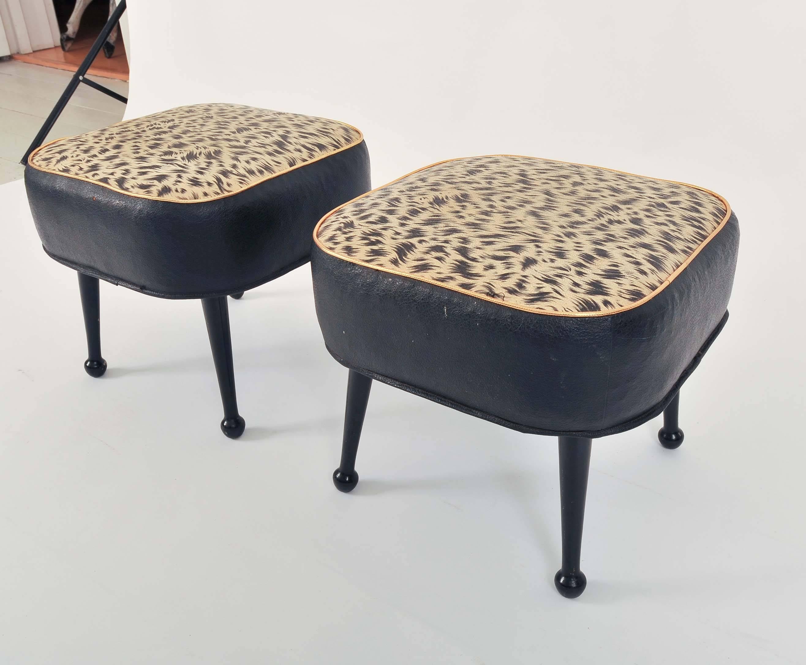 English Pair of 1950s Footstools with Original Vinyl Covering