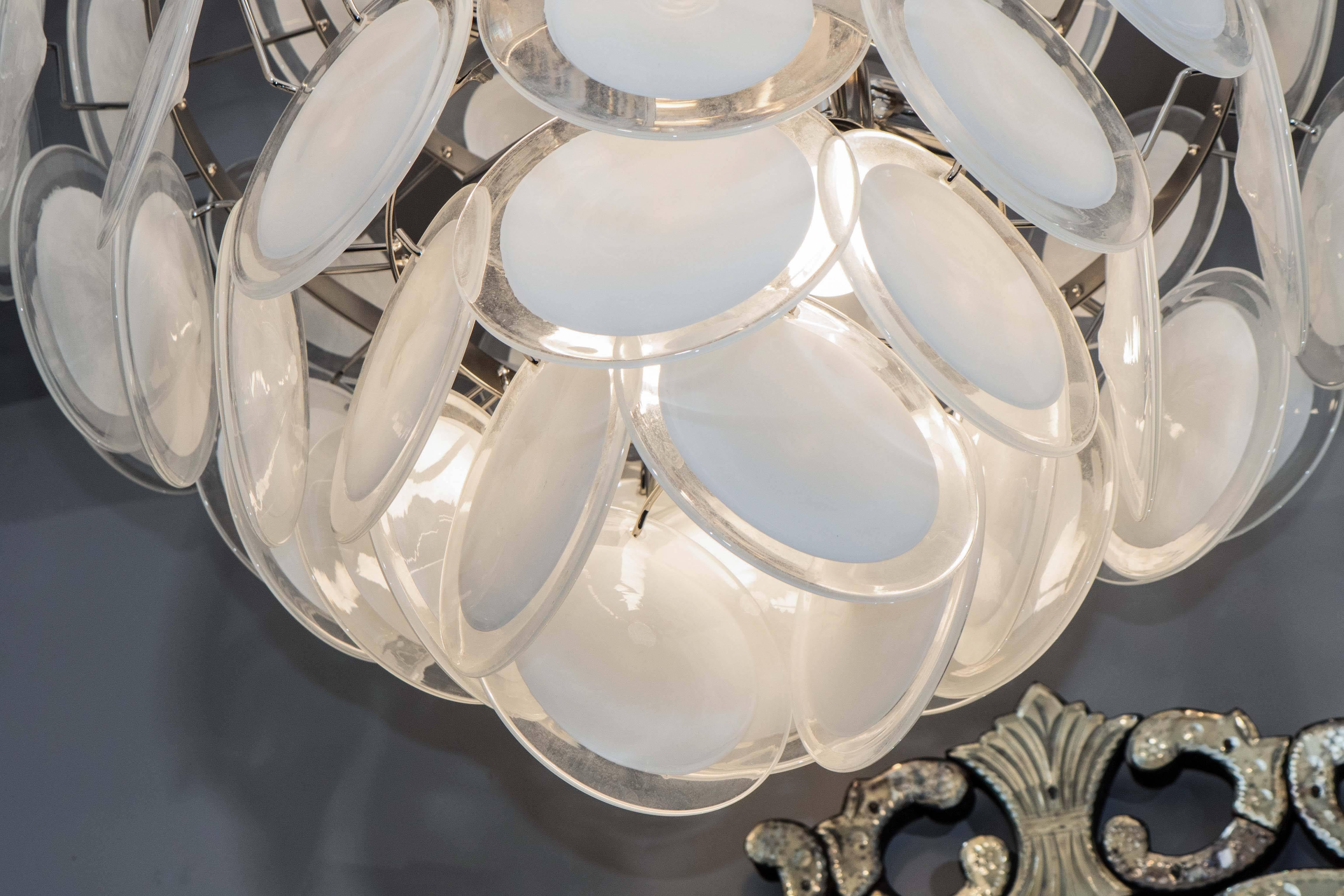Contemporary White Murano Glass Disc Chandelier in Double Cone Shape For Sale