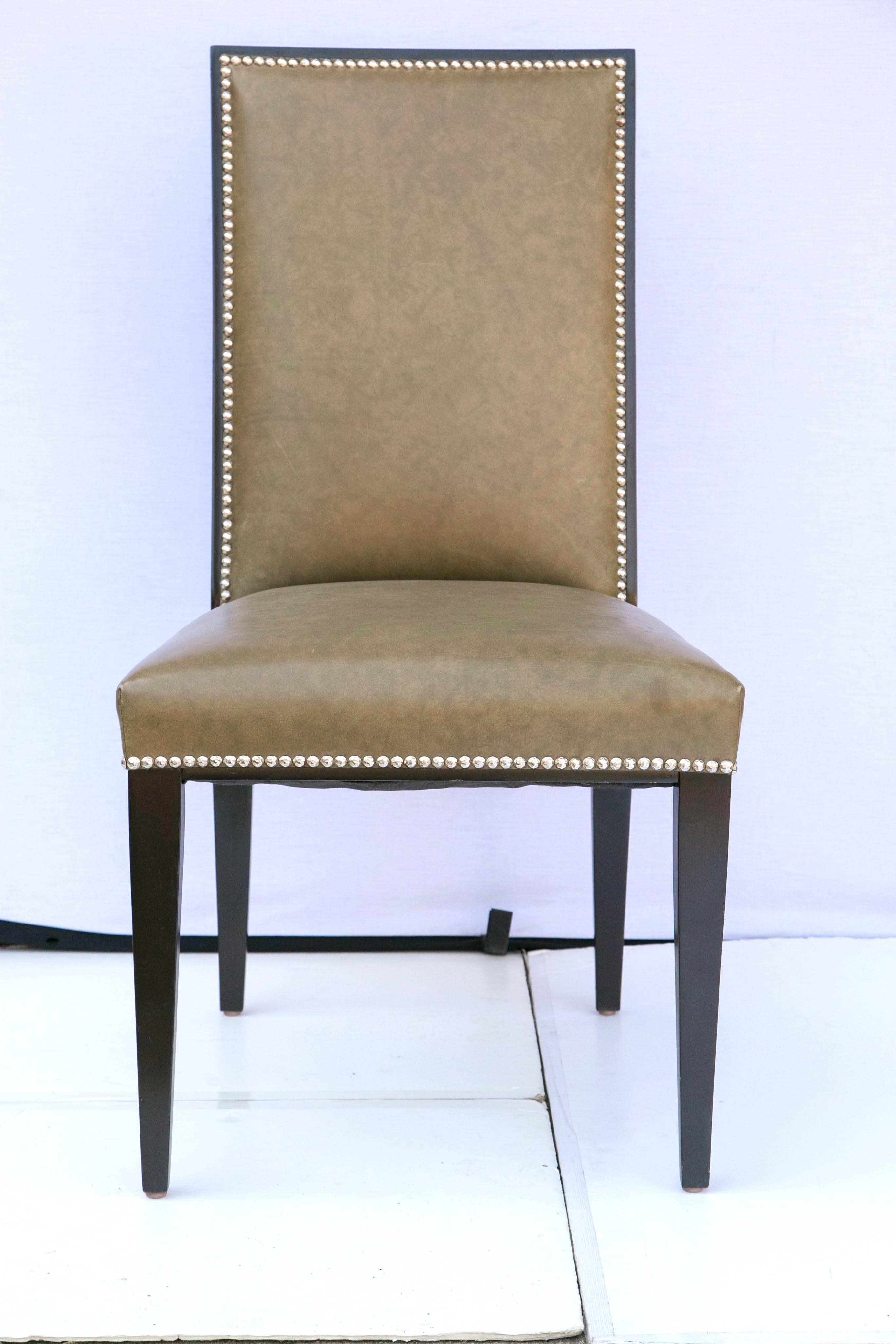 20th Century Set of Eight  Modern Taupe Green Leather Dining Chair Style of Ralph Lauren