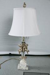 REDUCED Pair of Petite Jansen Style Marble Base, Crystal and Gesso Cherub Lamps