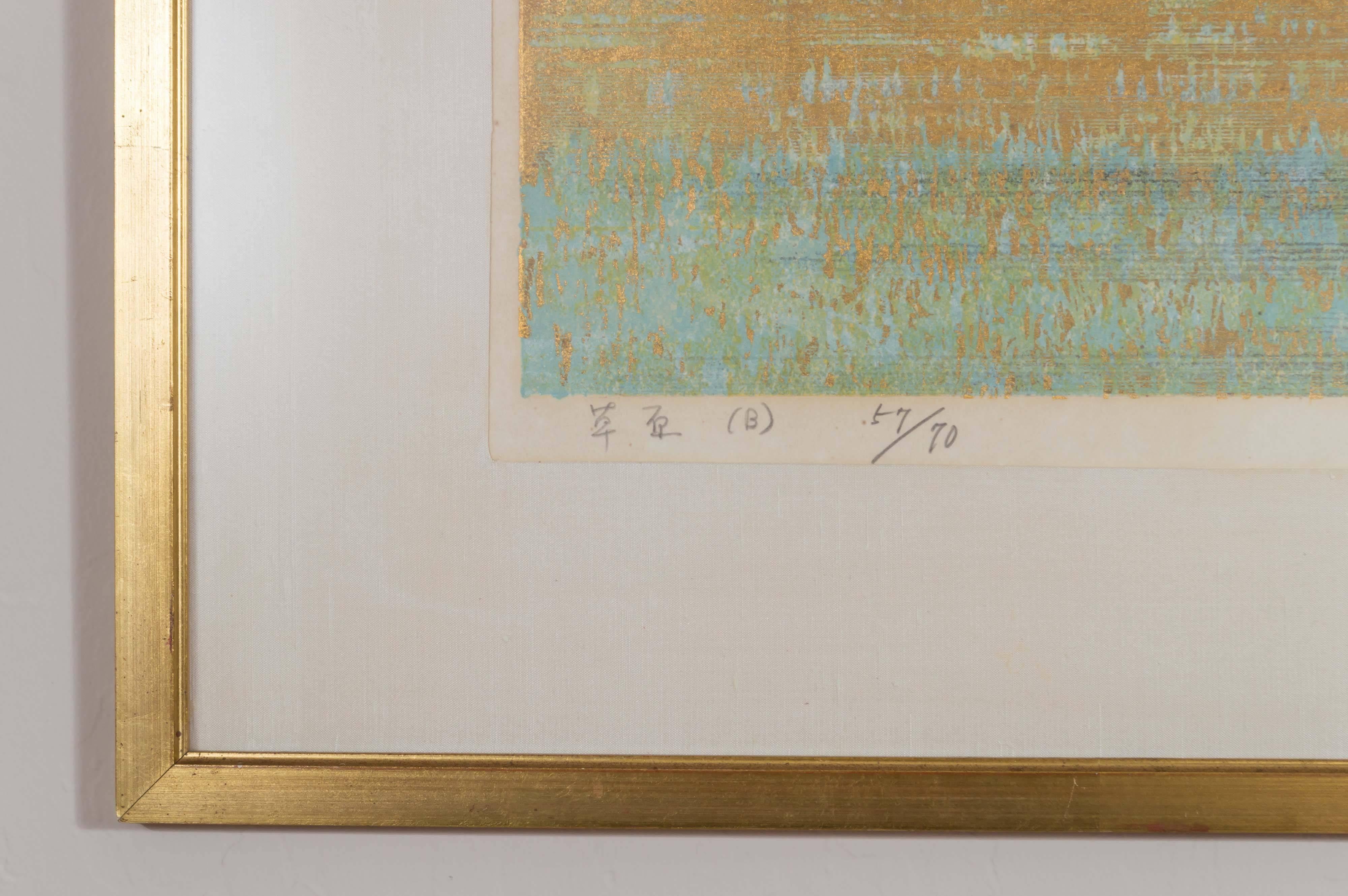 An exquisite monumental woodblock print on paper titled “Veldt (B)” and numbered “57/70”, by important Japanese artist Joichi Hoshi (b. 1913-1979).

Ox blood arterial tree image with red-to-salmon foliage, rising from a baby blue and bronze marsh,