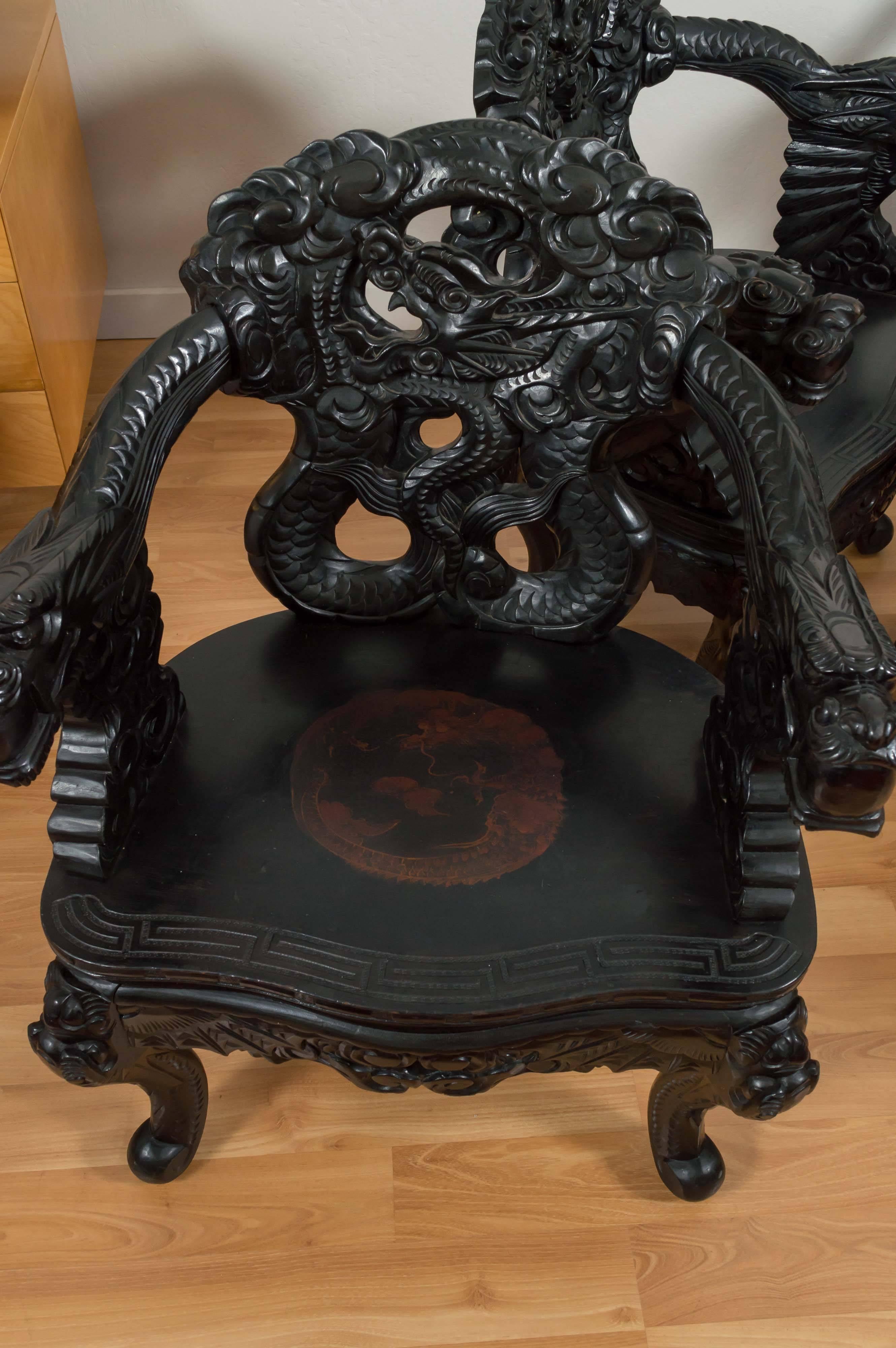 Early 20th Century Pair of Antique Hand Carved Chinese “Dragon” Chairs 