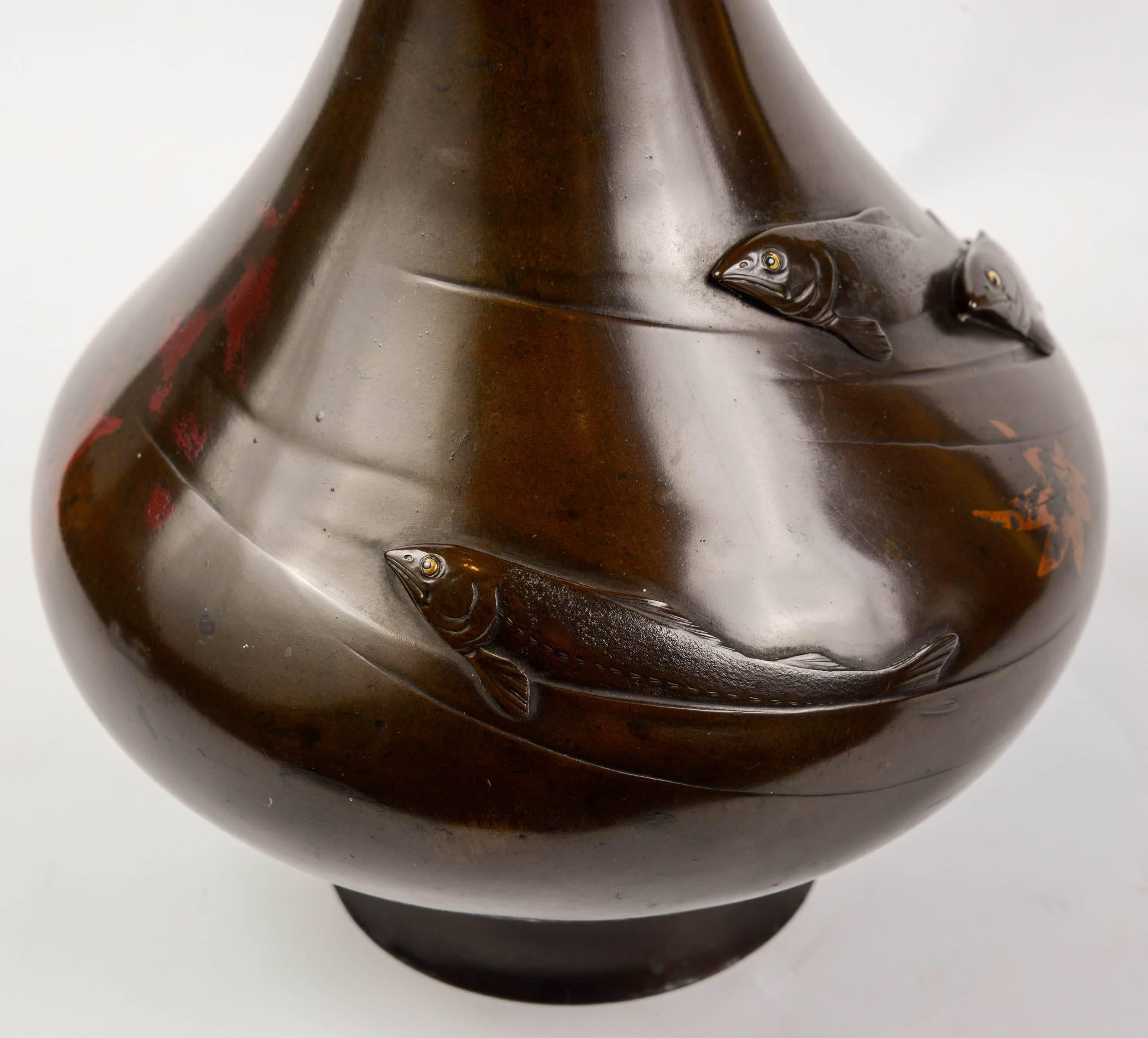 Late 19th Century 19 th Meiji Bronze Vase with Koï Fish For Sale