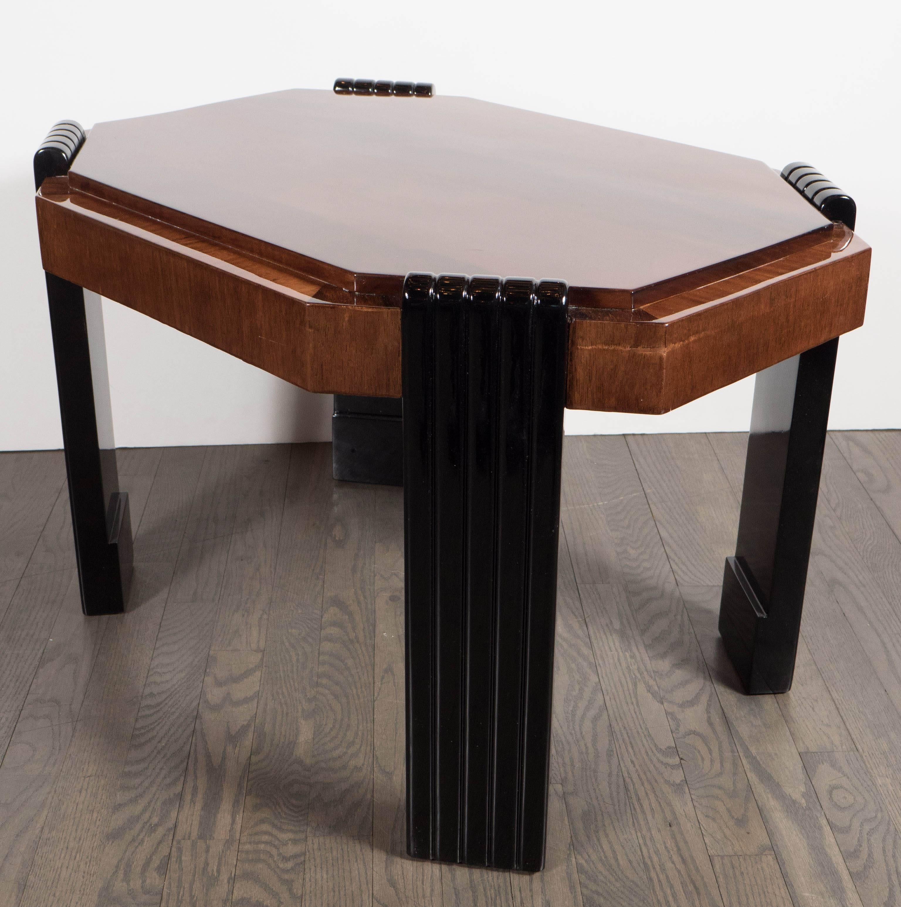 Art Deco Streamlined Octagonal Occasional Table in Bookmatched Burled Walnut 1