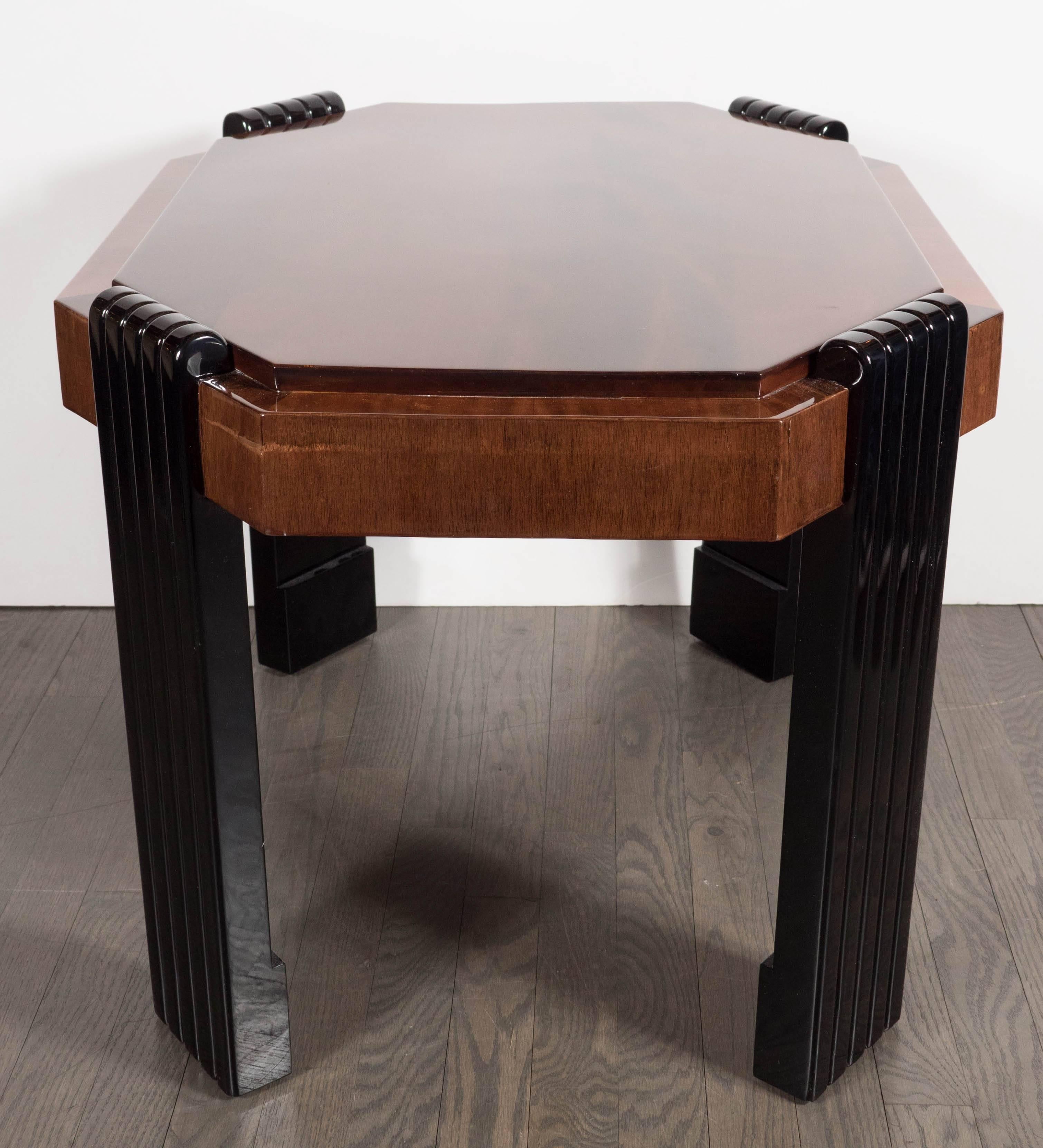 Art Deco Streamlined Octagonal Occasional Table in Bookmatched Burled Walnut 2