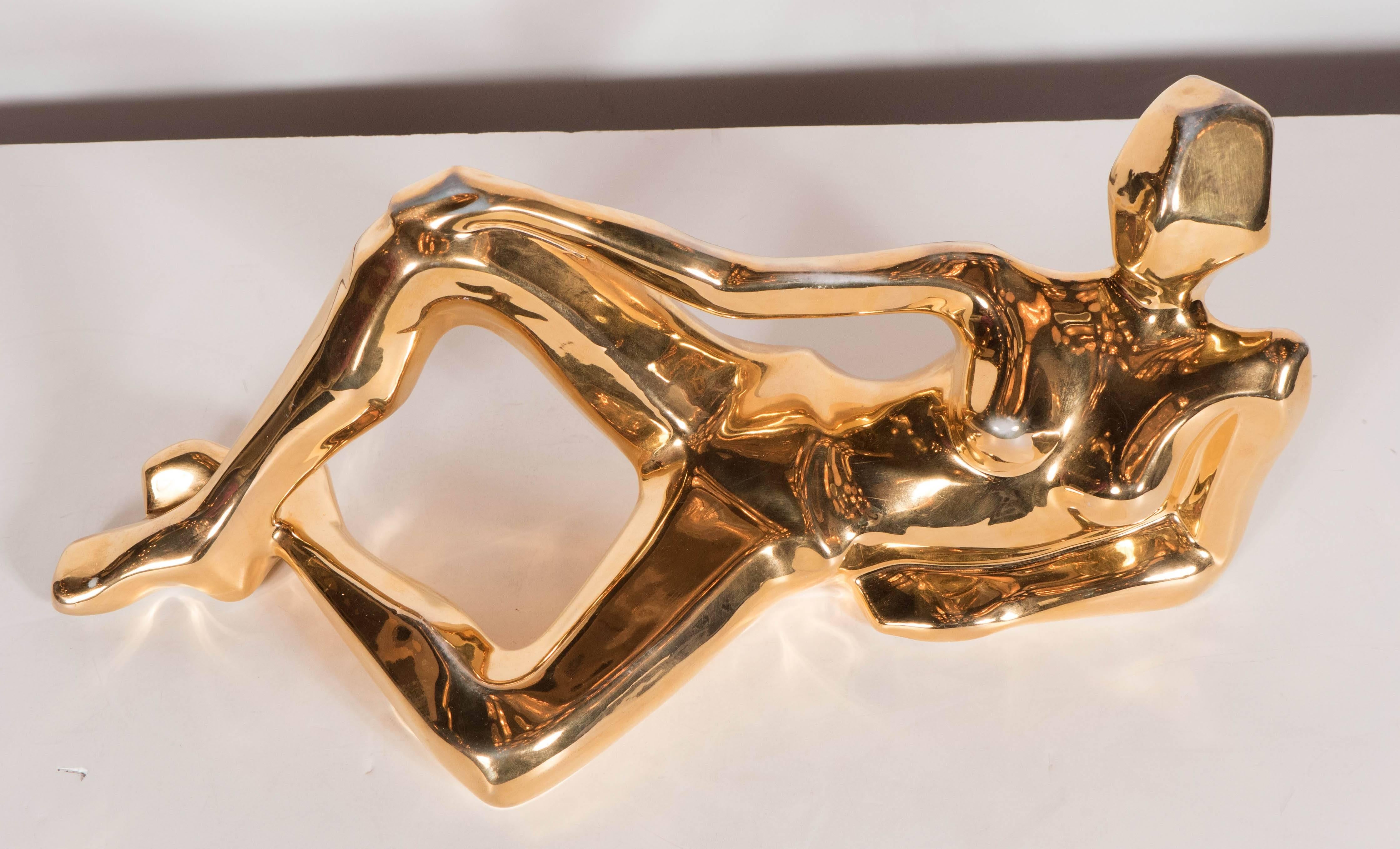 American Mid-Century Modernist 24-Karat Gold-Plate Sculpture of a Woman in Repose by Jaru