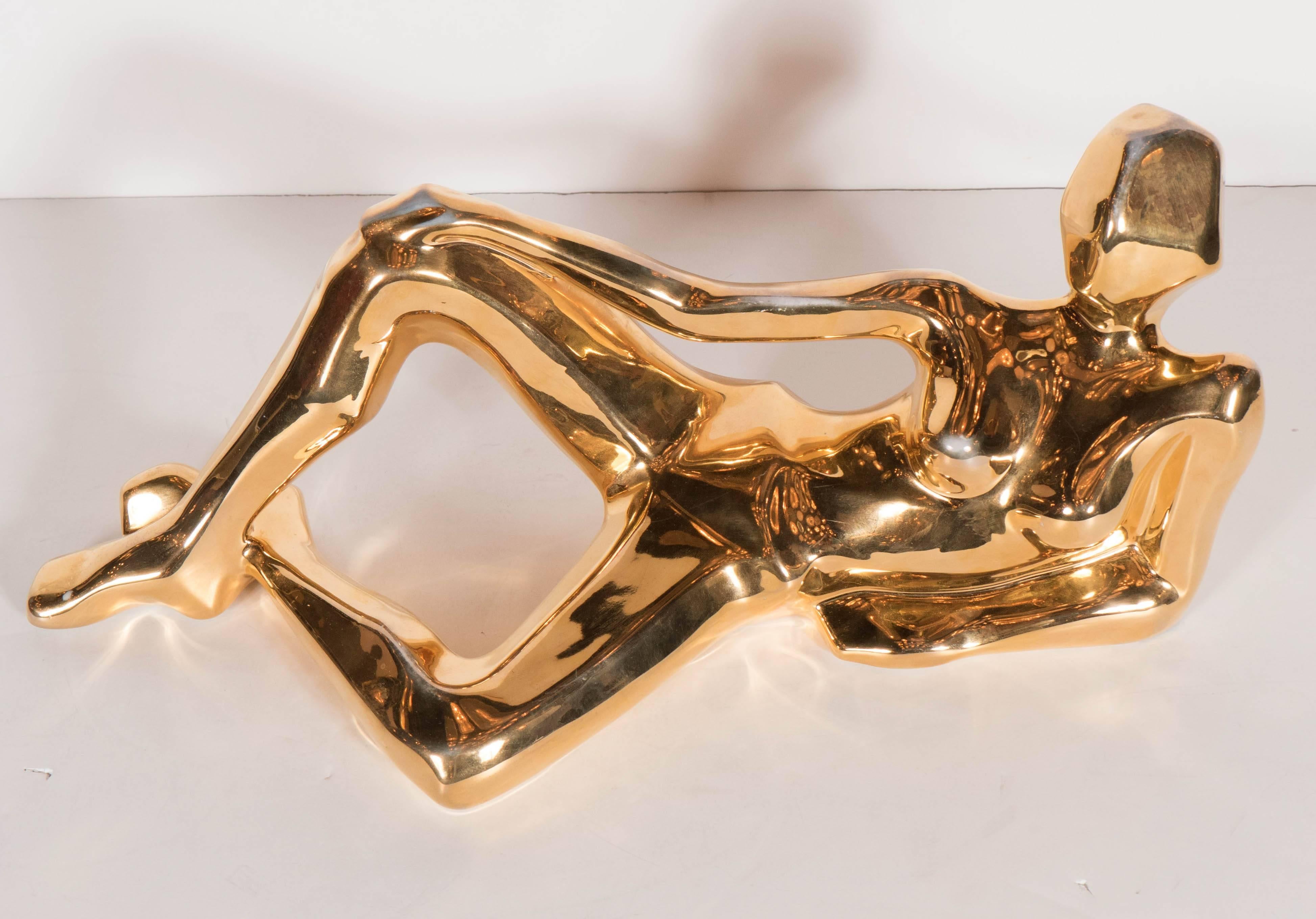 Mid-Century Modernist 24-Karat Gold-Plate Sculpture of a Woman in Repose by Jaru In Excellent Condition In New York, NY
