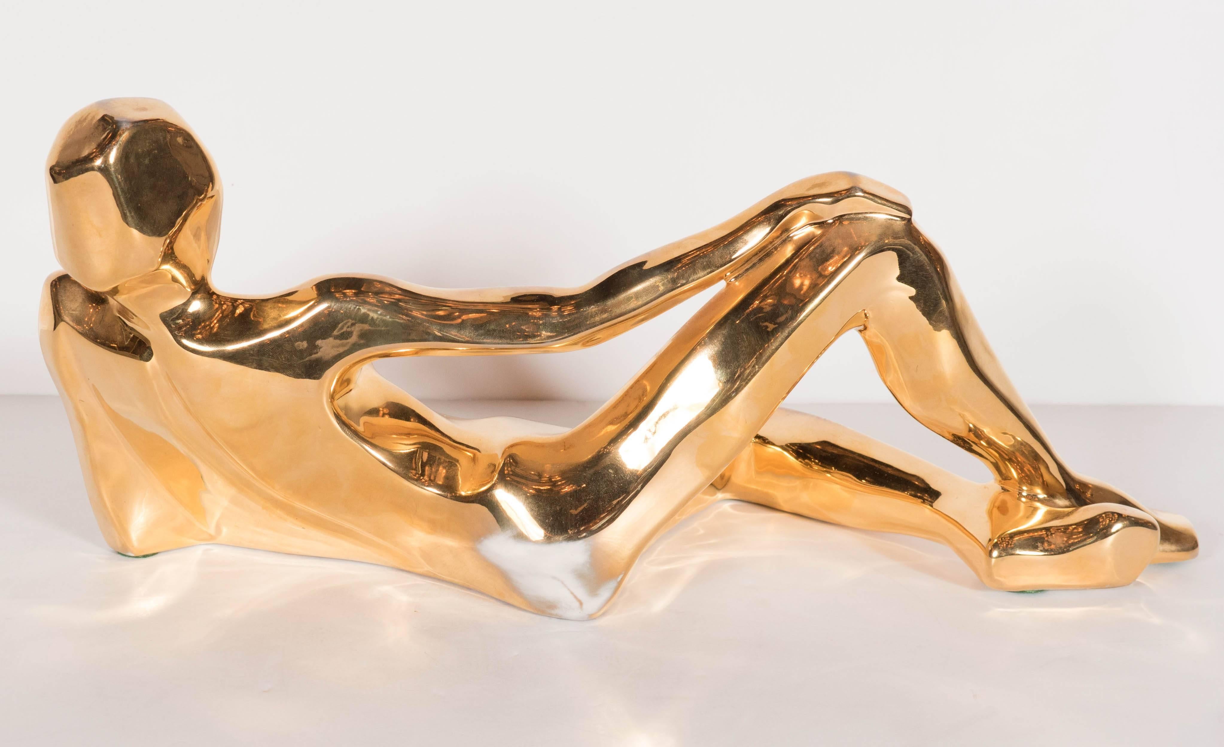 Late 20th Century Mid-Century Modernist 24-Karat Gold-Plate Sculpture of a Woman in Repose by Jaru