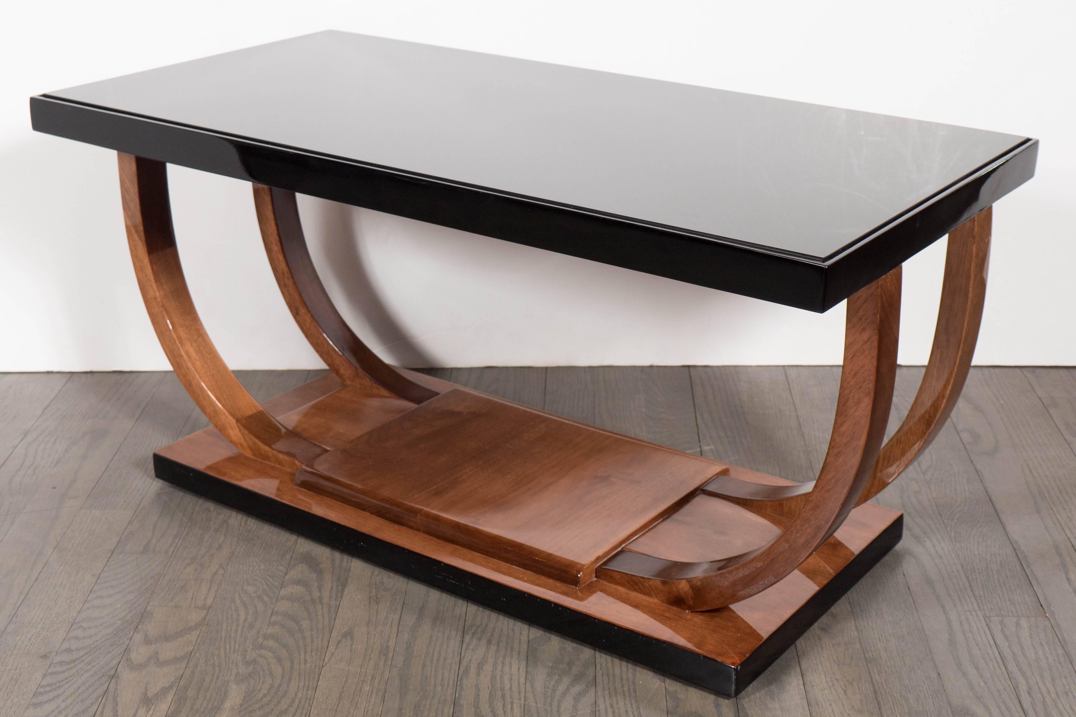 American Art Deco Machine Age Streamlined Cocktail Table in Walnut and Black Lacquer
