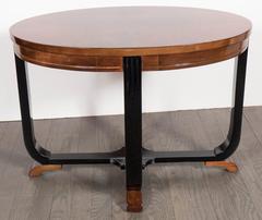 Art Deco Oval Book Matched Walnut & Black Lacquer Side or Occasional Table