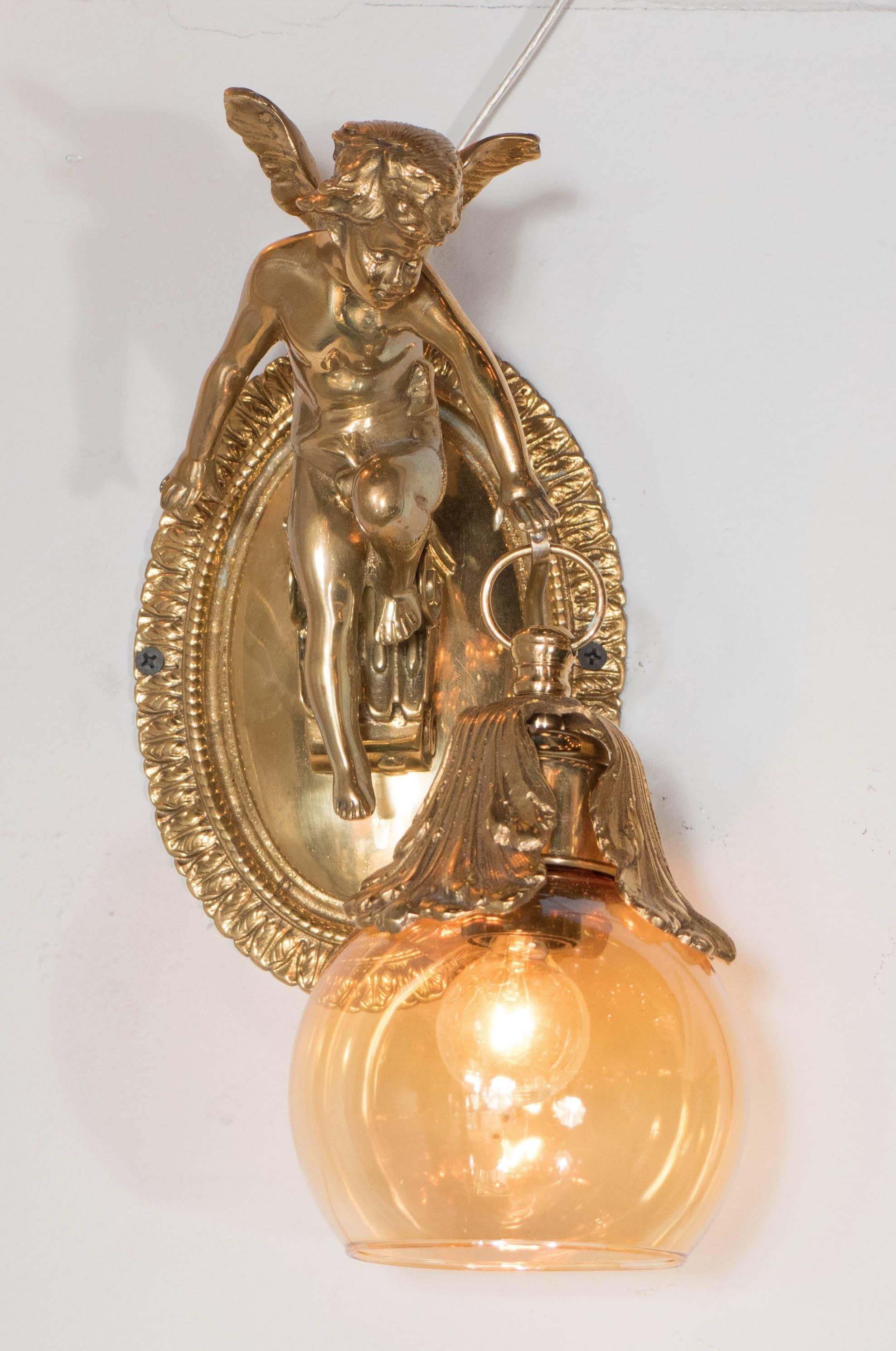 Art Nouveau Classic Pair of Brass Cherub Sconces with Cognac Globes 