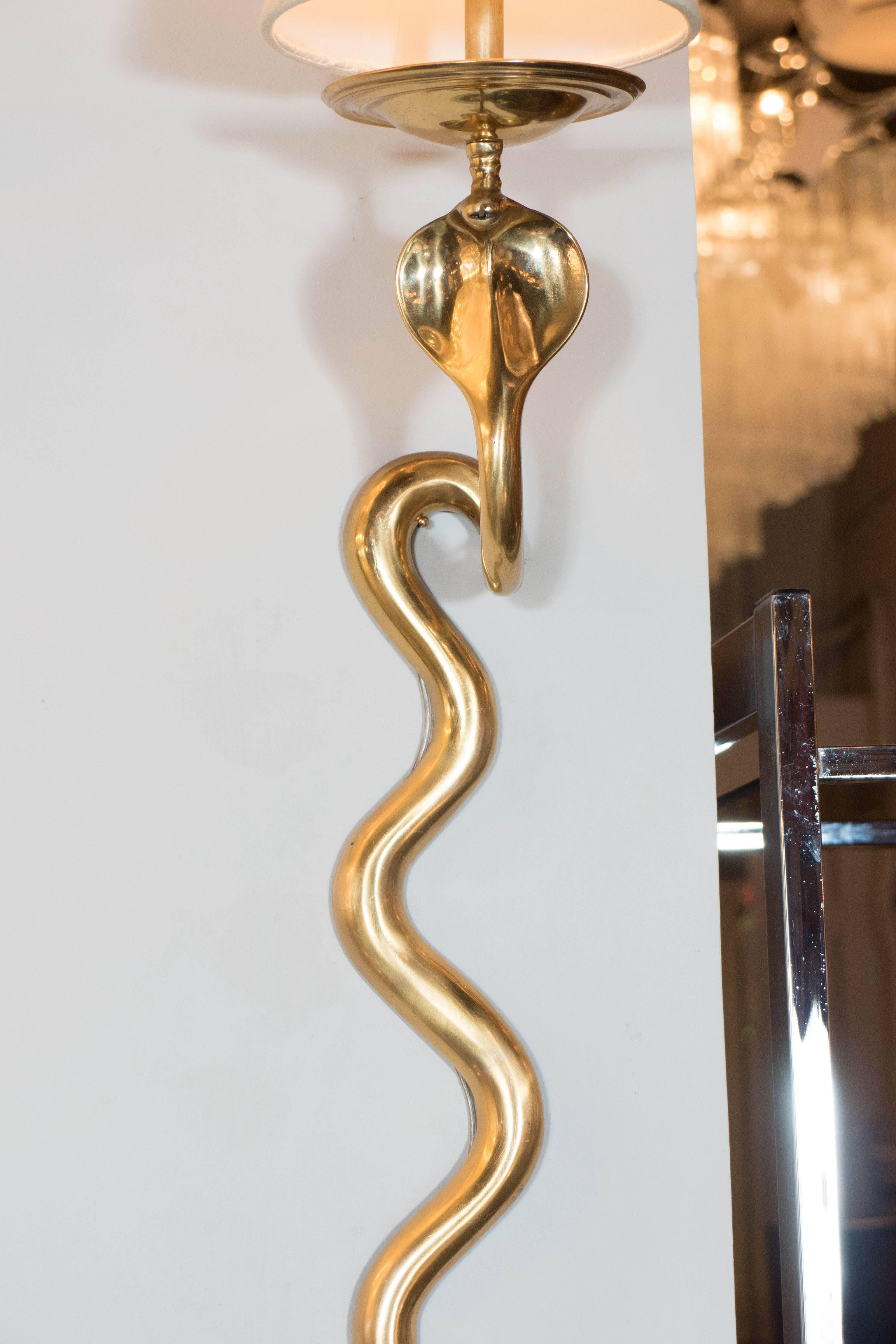 Art Deco Pair of French Polished Brass Forked Tongue Cobra Sconces