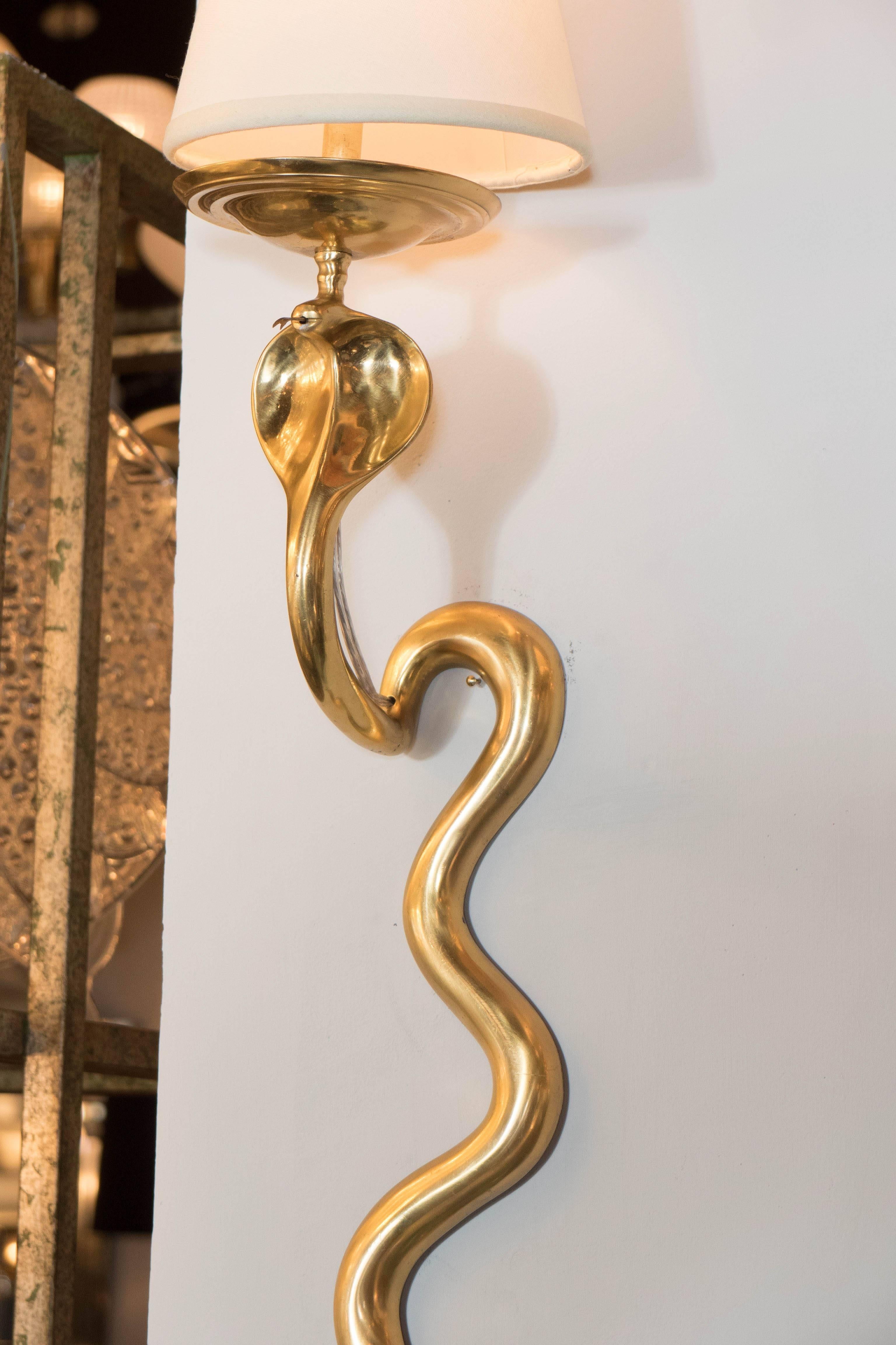 Mid-20th Century Pair of French Polished Brass Forked Tongue Cobra Sconces