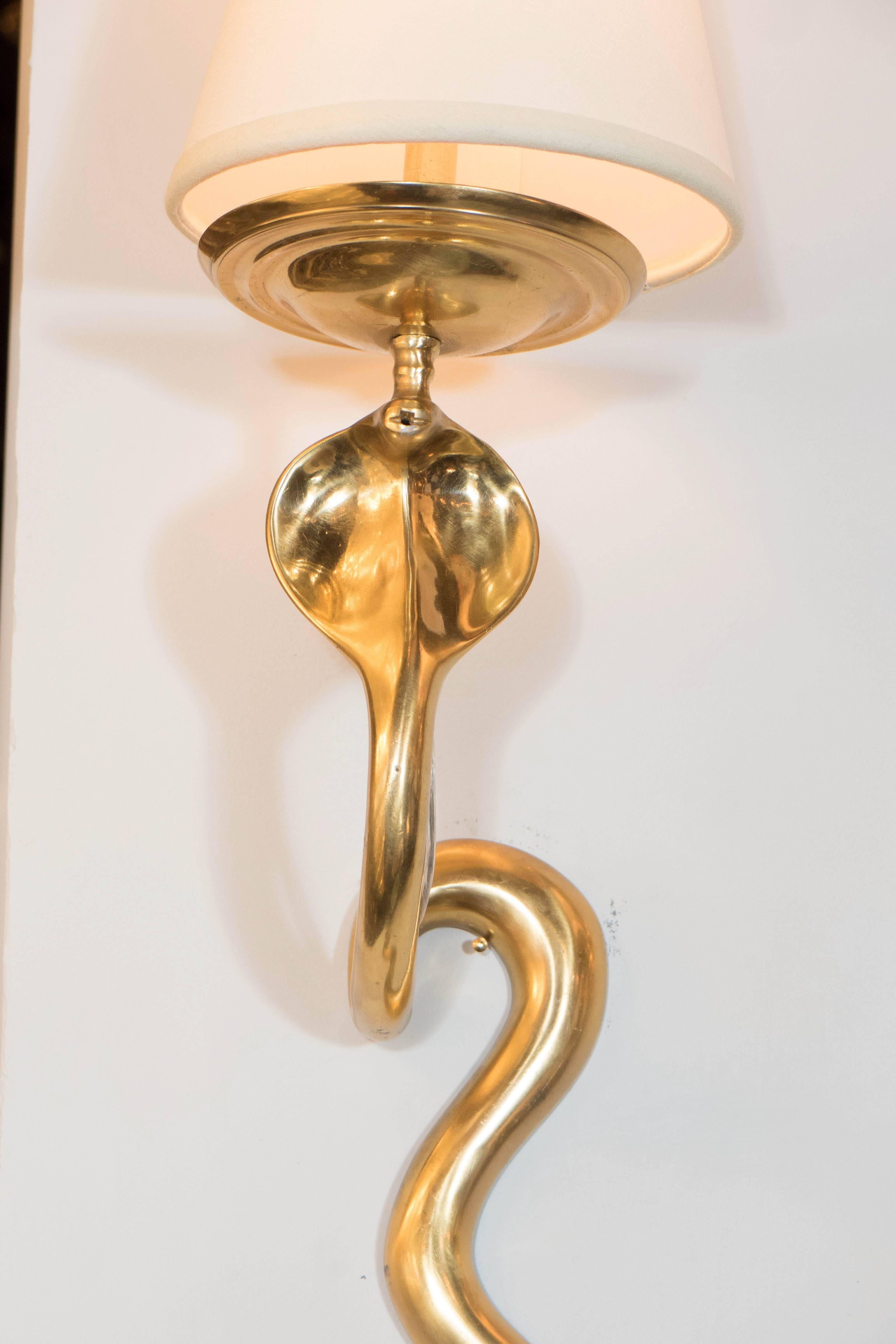 Pair of French Polished Brass Forked Tongue Cobra Sconces 1