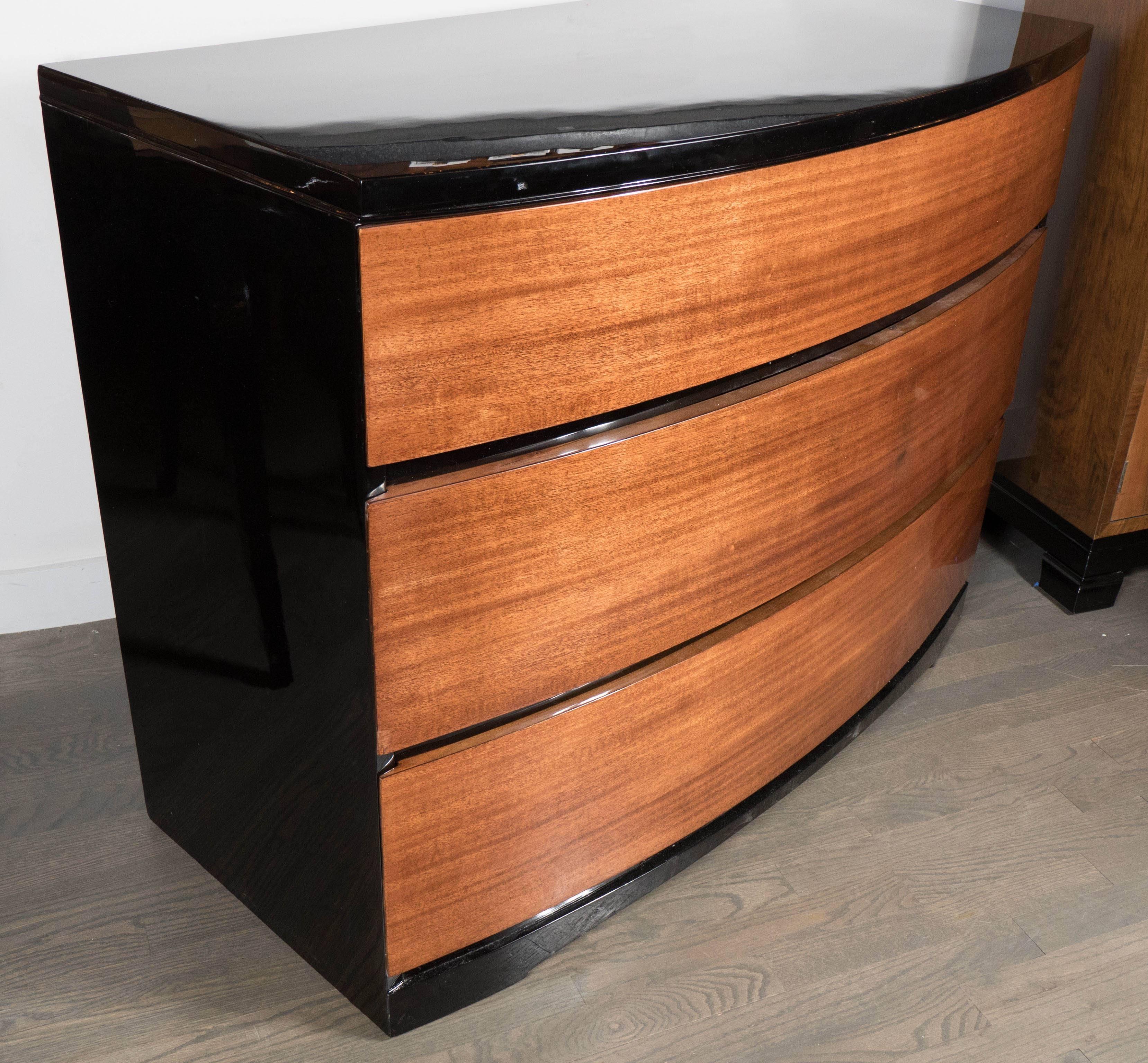 Mid-20th Century Streamlined Art Deco Bow Fronted Low Chest in Mahogany and Black Lacquer
