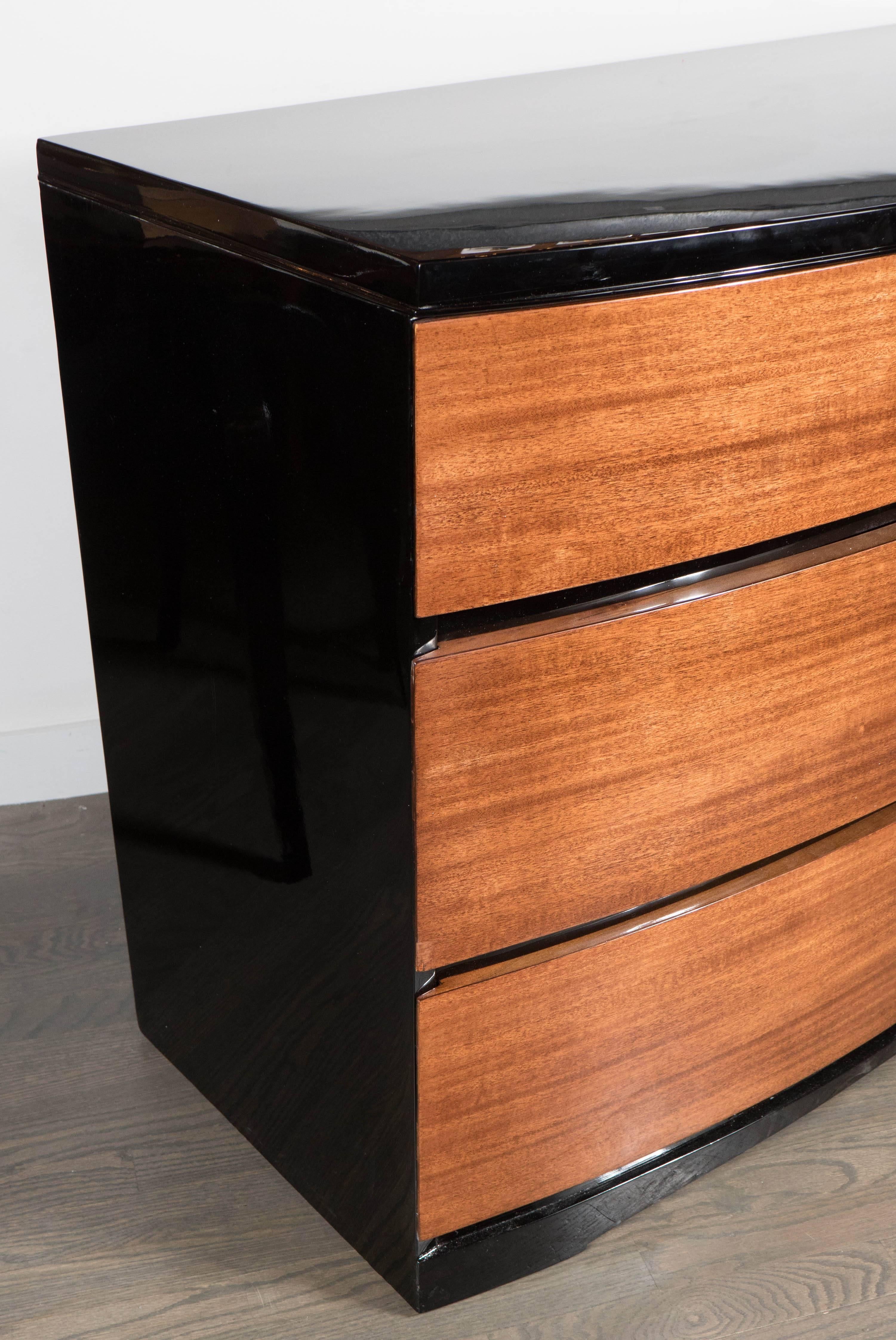 Streamlined Art Deco Bow Fronted Low Chest in Mahogany and Black Lacquer 1