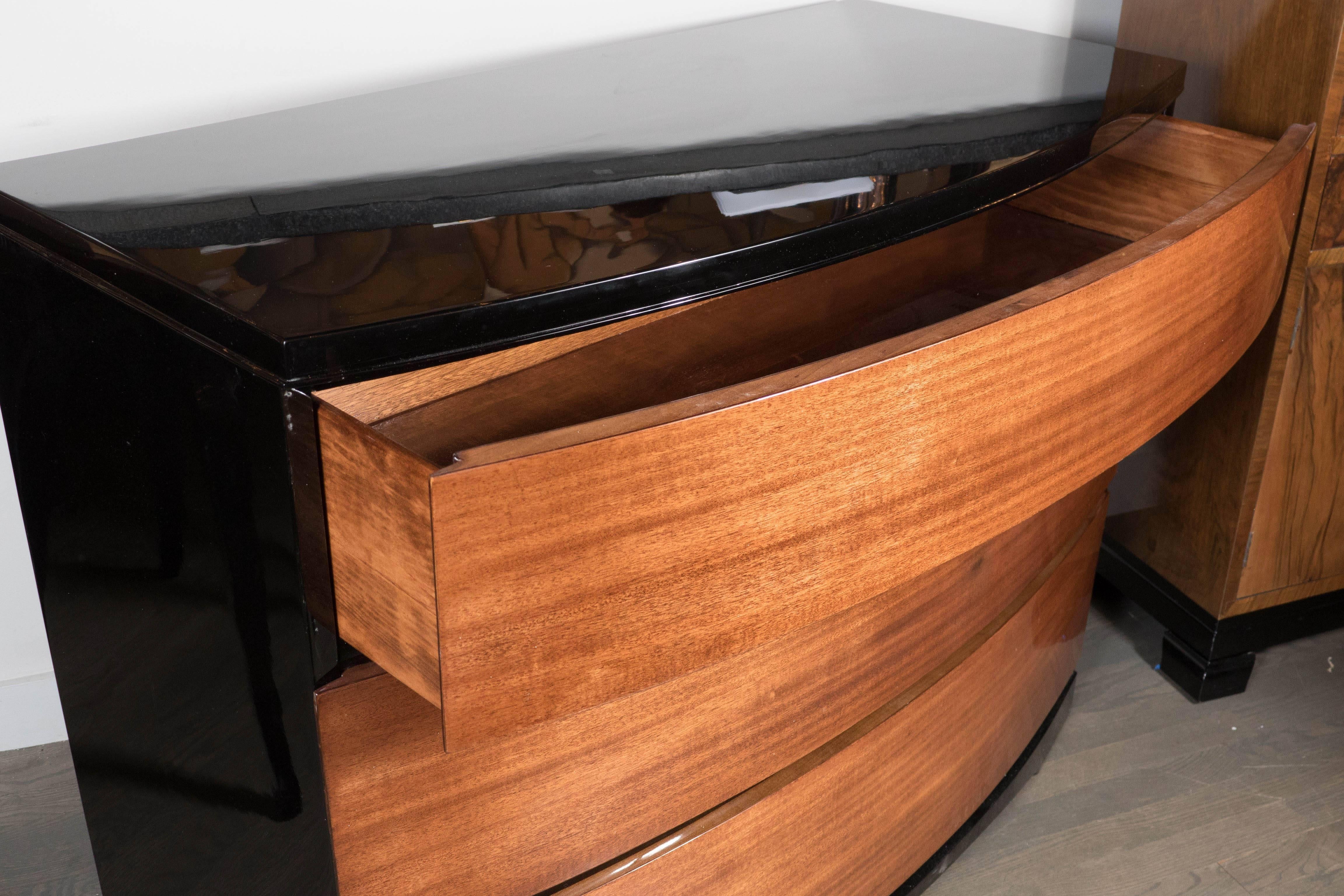Streamlined Art Deco Bow Fronted Low Chest in Mahogany and Black Lacquer 2