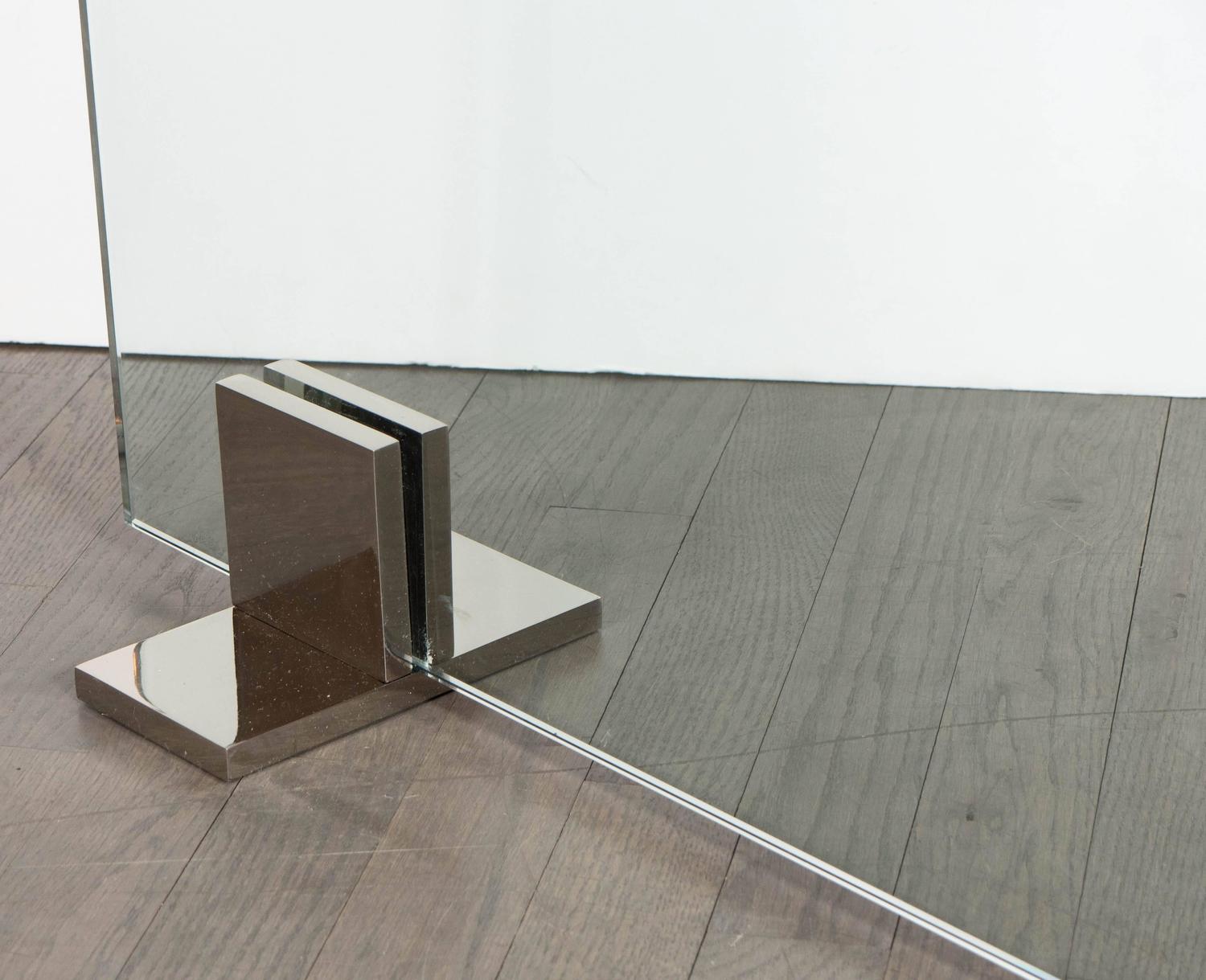 Custom Modern Tempered Glass Fire Screen with Polished Nickel Strip and