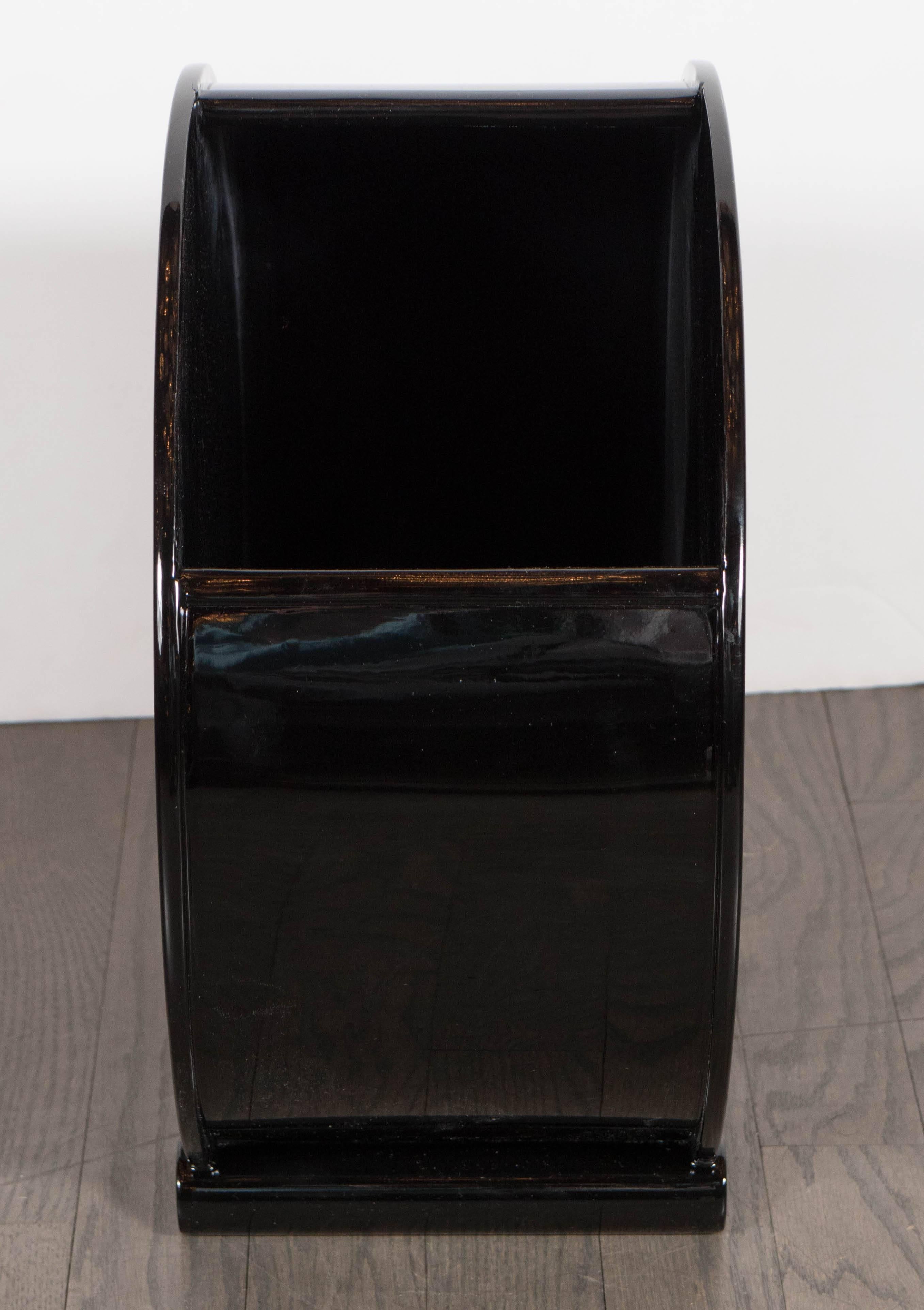 Art Deco Machine Age Waste Basket Attributed to Donald Deskey in Black Lacquer In Excellent Condition In New York, NY