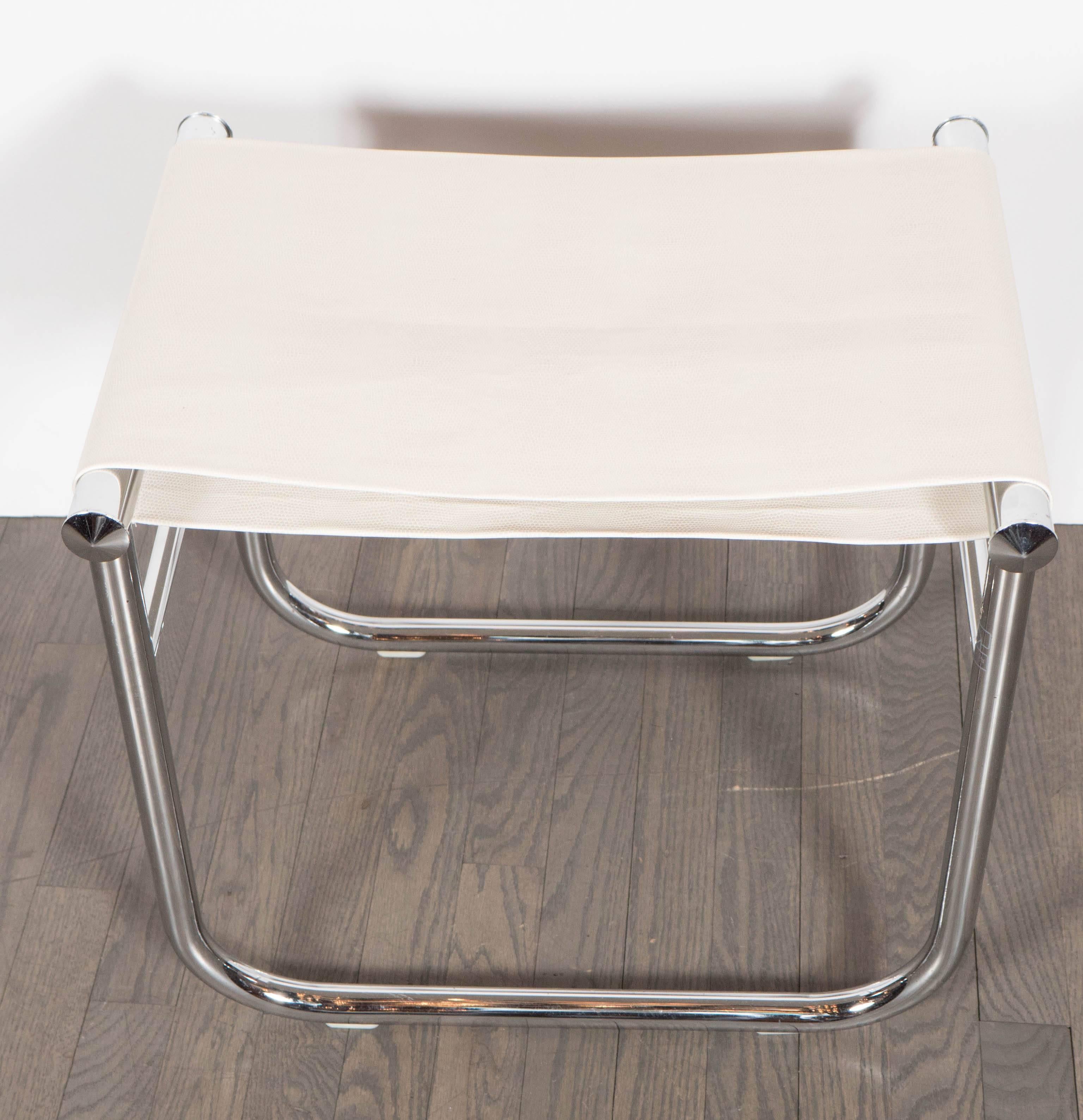 American Mid-Century Modernist Chrome Stool with Faux Python Embossed Seat