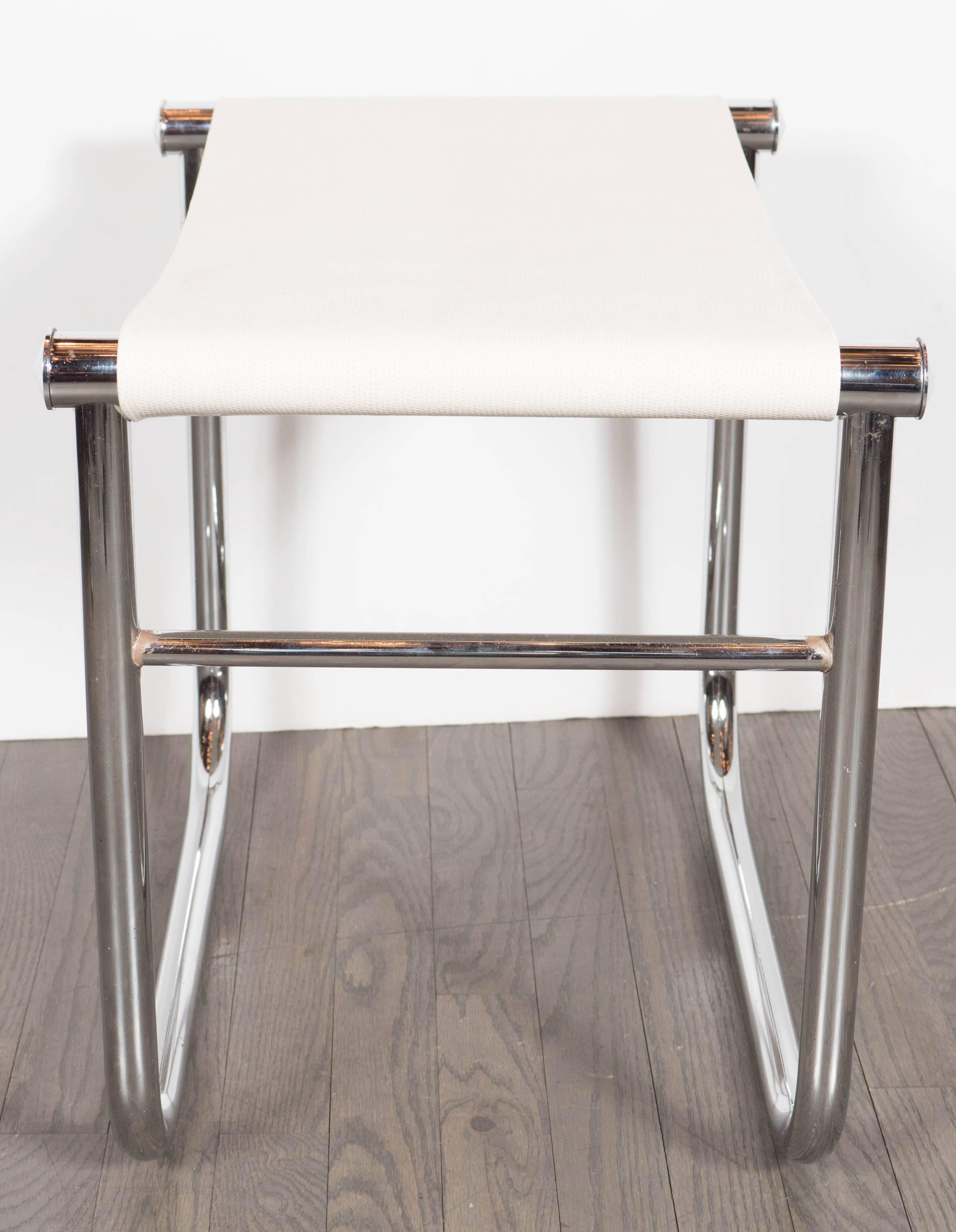 Mid-Century Modernist Chrome Stool with Faux Python Embossed Seat 1
