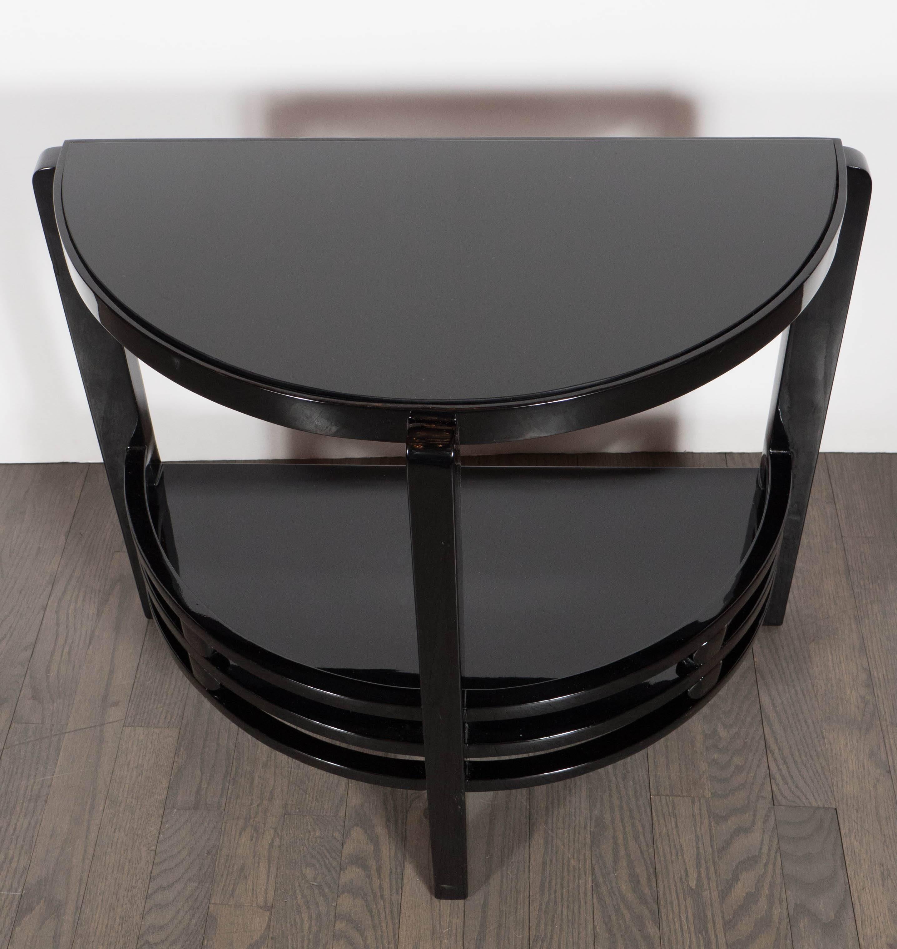 American Art Deco Two-Tier Demilune End/Side Table in Black Lacquer with Vitrolite Top