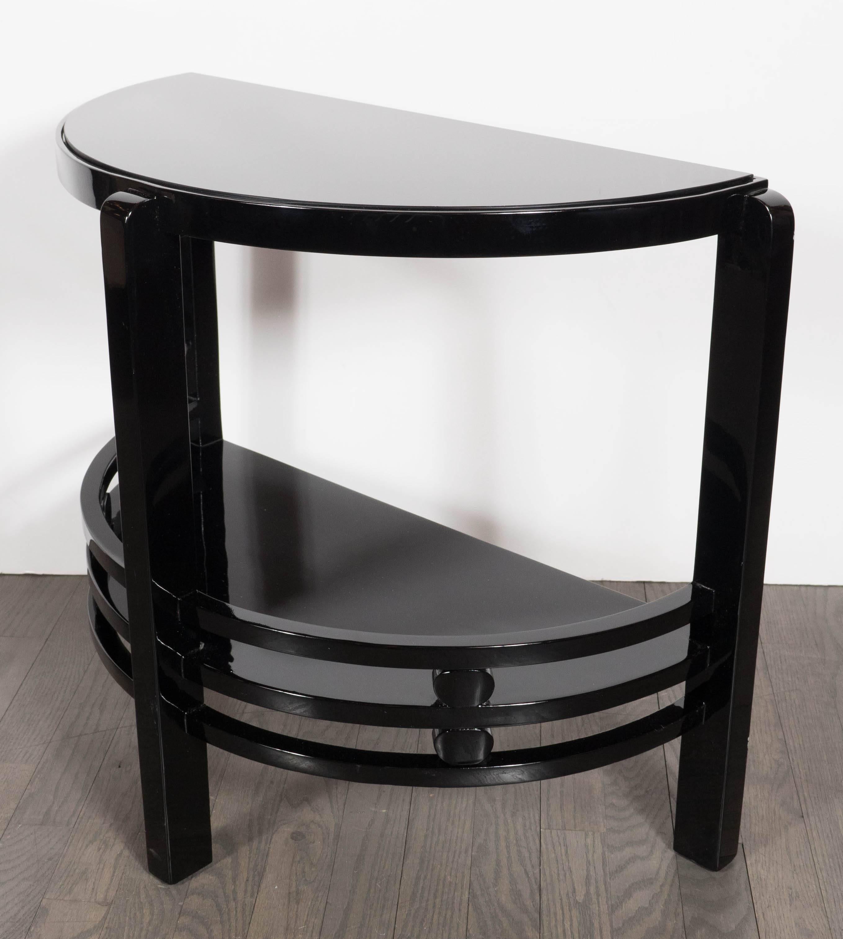 Art Deco Two-Tier Demilune End/Side Table in Black Lacquer with Vitrolite Top In Excellent Condition In New York, NY