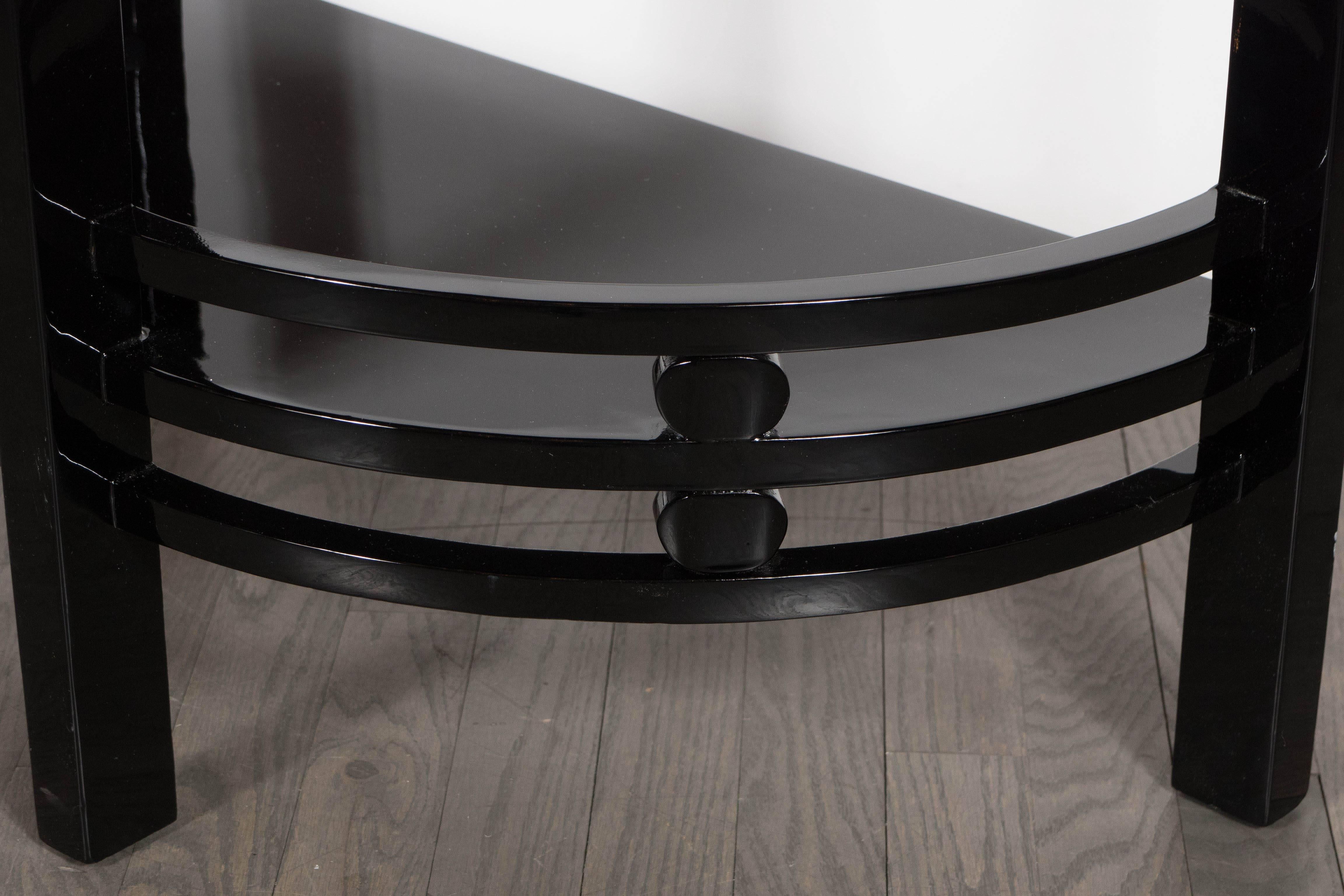 Mid-20th Century Art Deco Two-Tier Demilune End/Side Table in Black Lacquer with Vitrolite Top